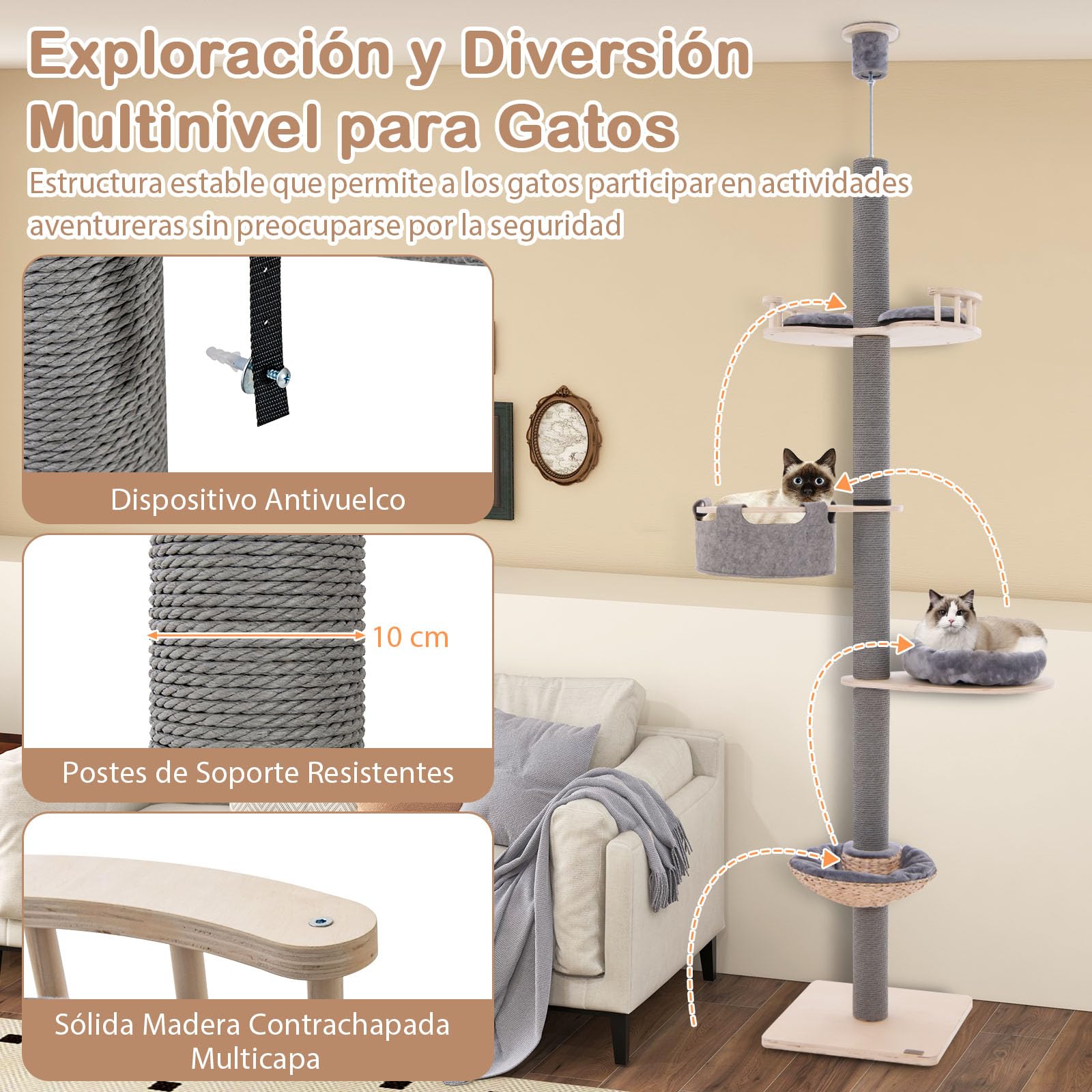 GOPLUS Árbol de Gato de Suelo al Techo, Altura Ajustable 236-271 cm, Grande Árbol de Gato de 5 Niveles con Poste Rascador Trampolín Cama Tipo Cesta Hamaca