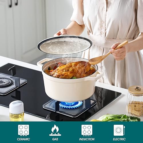 Miniatura 3 de vancasso Horno holandés de hierro fundido, olla holandesa de 6 cuartos de galón con tapa, horno holandés redondo olla de hierro fundido con