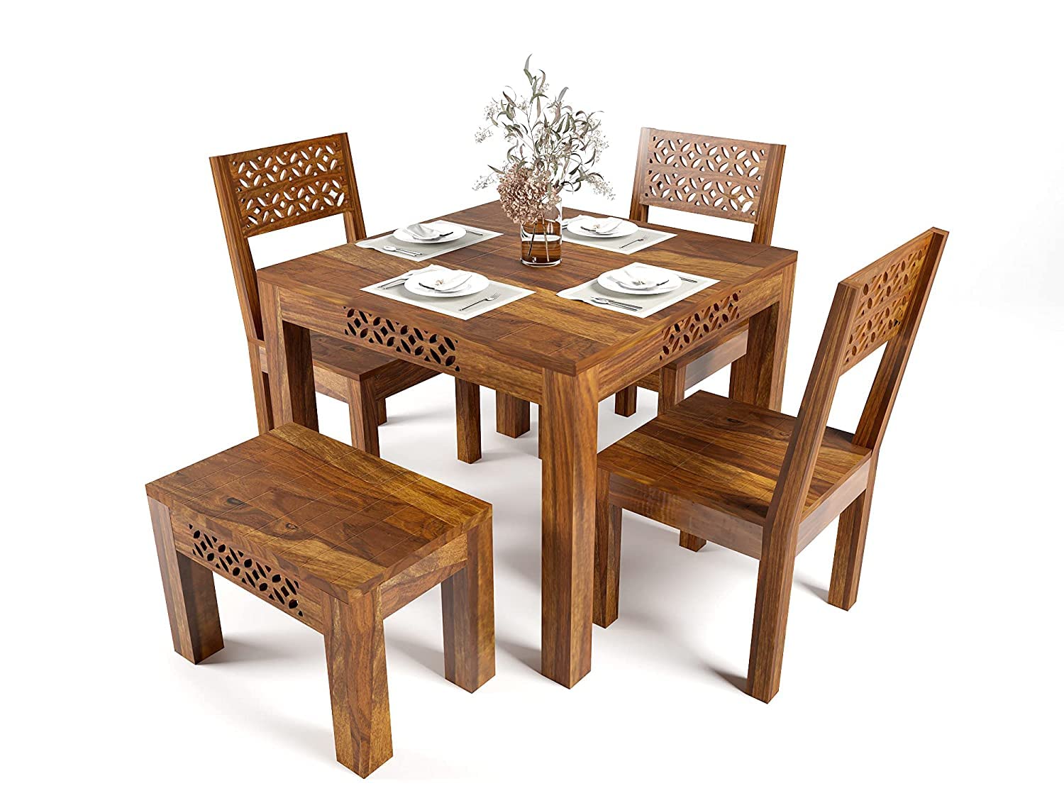 KD FURNITURES Sheesham Wood 4 Seater Dining Table with Bench & Chair Dining Table Set Dining