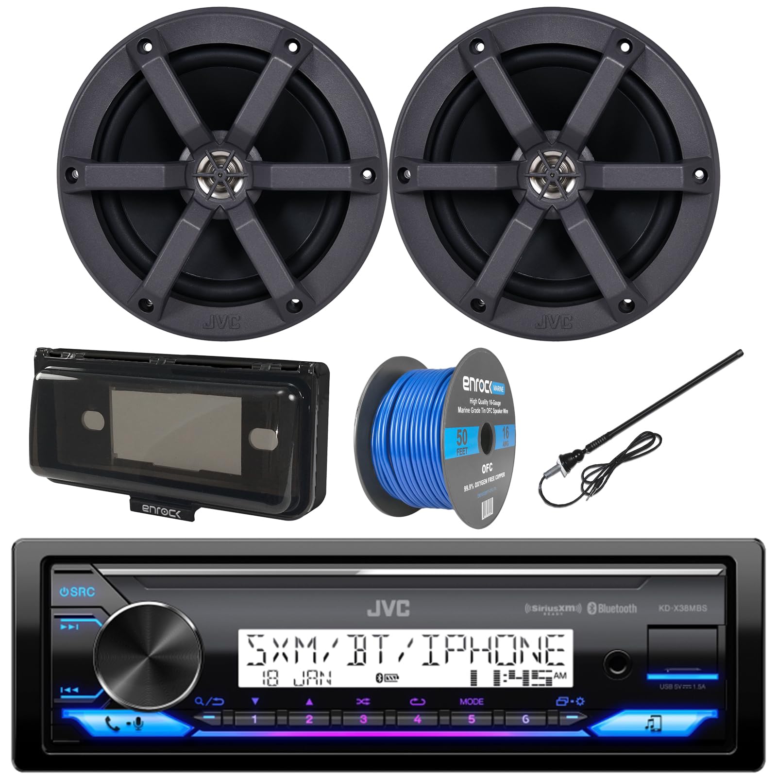 Single DIN Headunit Bluetooth Radio USB AUX AM/FM Digital Media Marine Receiver Bundle Combo with 1 Pair (QTY 2) 6.5" 2-Way 100 Watts Peak Boat Audio Speakers, Speaker Wire, Antenna, Radio Cover