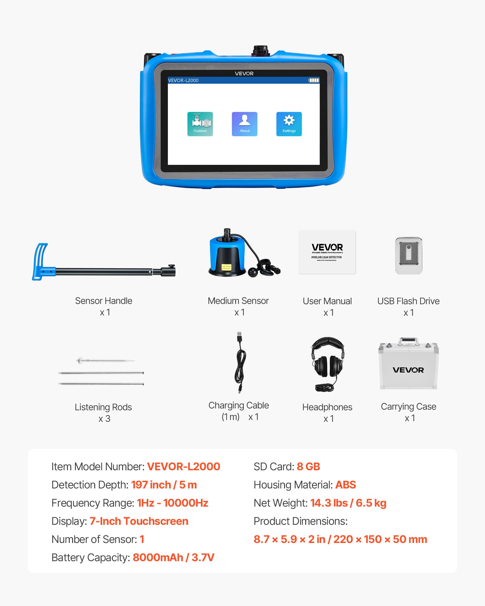 VEVOR Detector de Fugas de Agua para Tuberías Subterráneas, 1–10 000 Hz, Pantalla Táctil 17,78 cm, 5 m de Longitud, con Sensor Mediano, 3 Varillas de Escucha, Auriculares y Estuche de Transporte
