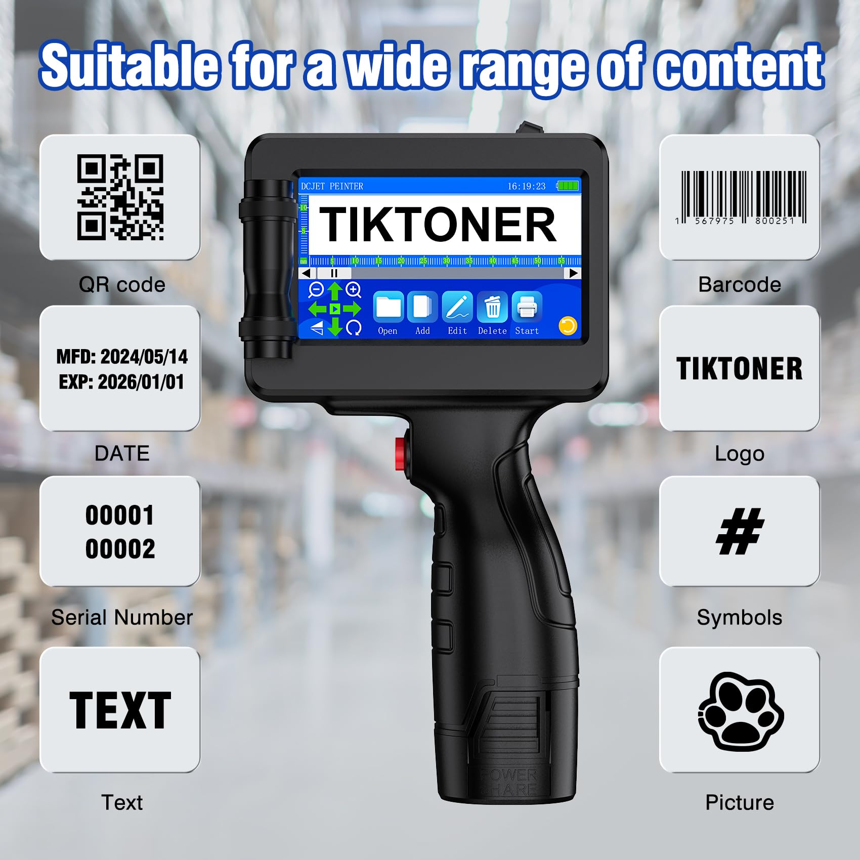 Imprimante à Jet d'encre Portable TIJ314, Pistolet d'Imprimante à Main 42ML, Écran Tactile 4,3" pour Texte, QR Code, Code-Barres