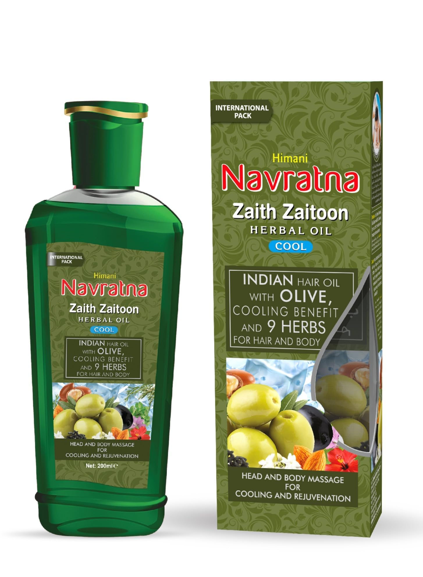 Himani Navratna Zaith Zaitoon Herbal Oil Cool - 200ml|for Hair and Body Massage|with 9 Herbs|relieves body pain and muscle soreness|Moisturizes and promotes scalp health|for cooling and rejuvenation
