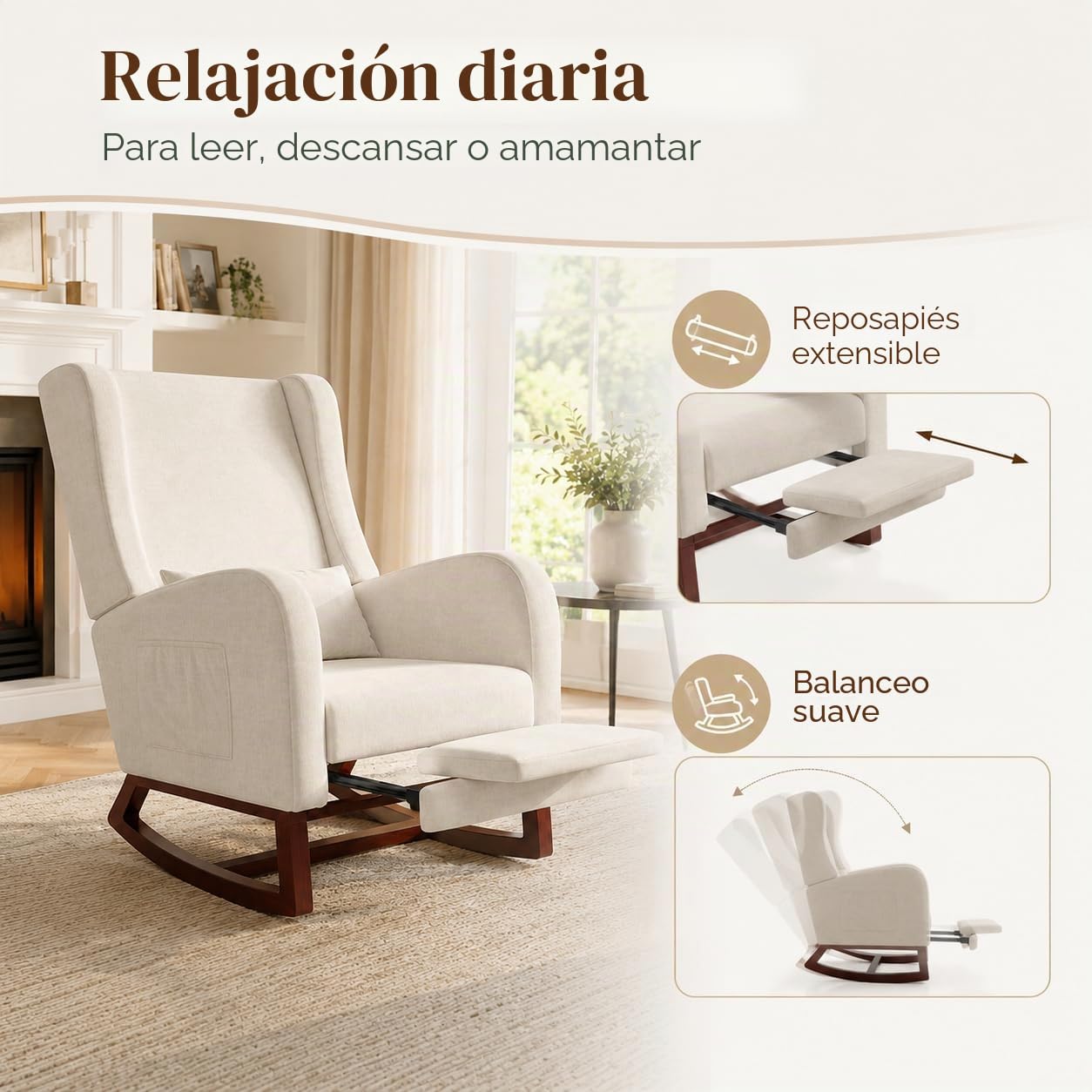 Silla mecedora con reposapiés, sillón oscilante con taburete, cómodo sillón de lactancia para amamantar, con base de madera, 2 bolsillos laterales, 1 cojín lumbar, para salón dormitorio, beige