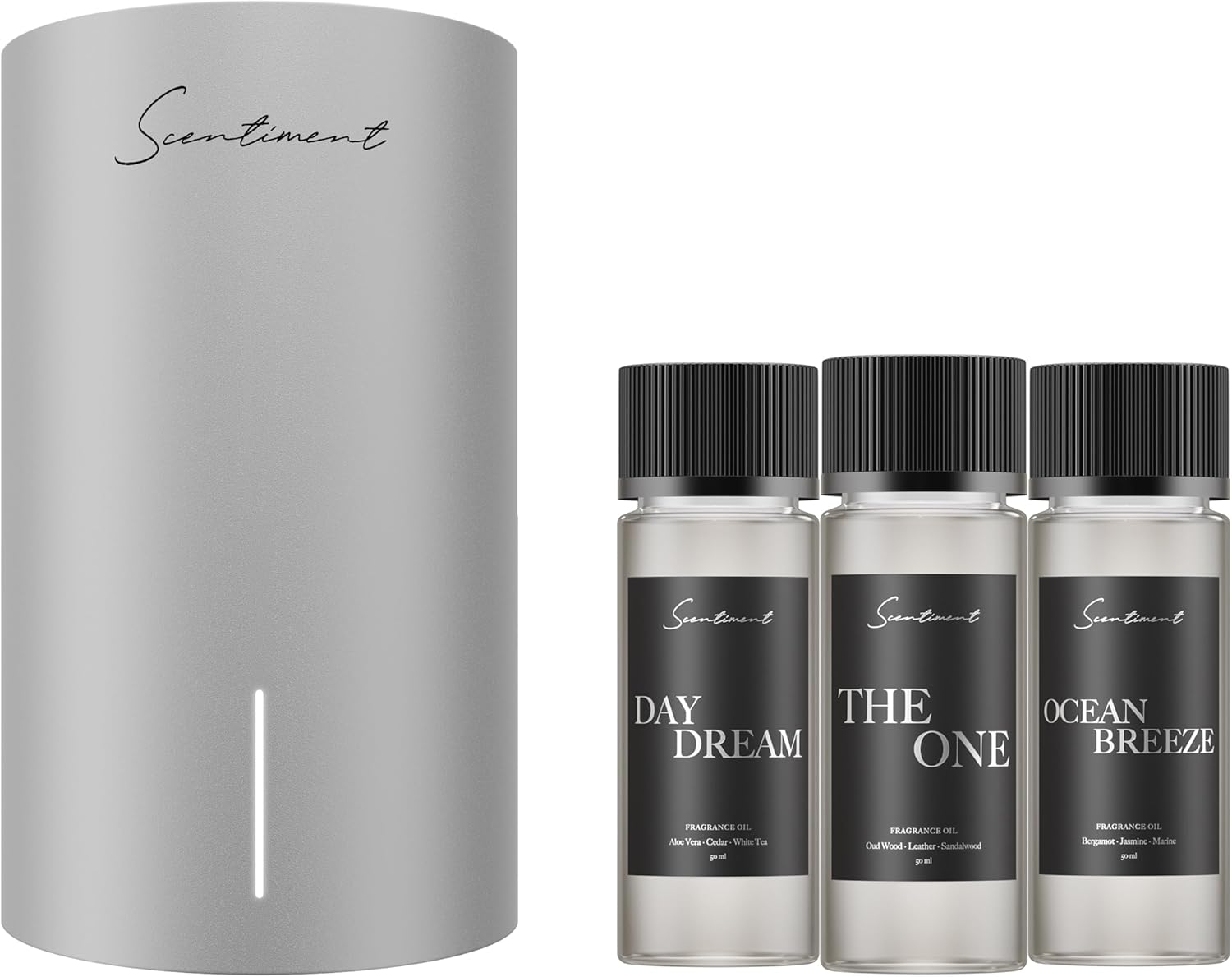 Scentiment Mini V2 LE Diffuser Discovery Kit – Includes 3 20mL Fragrance Oils: Day Dream, The One & Ocean Breeze | Up to 500 Sq Ft Coverage | Silver