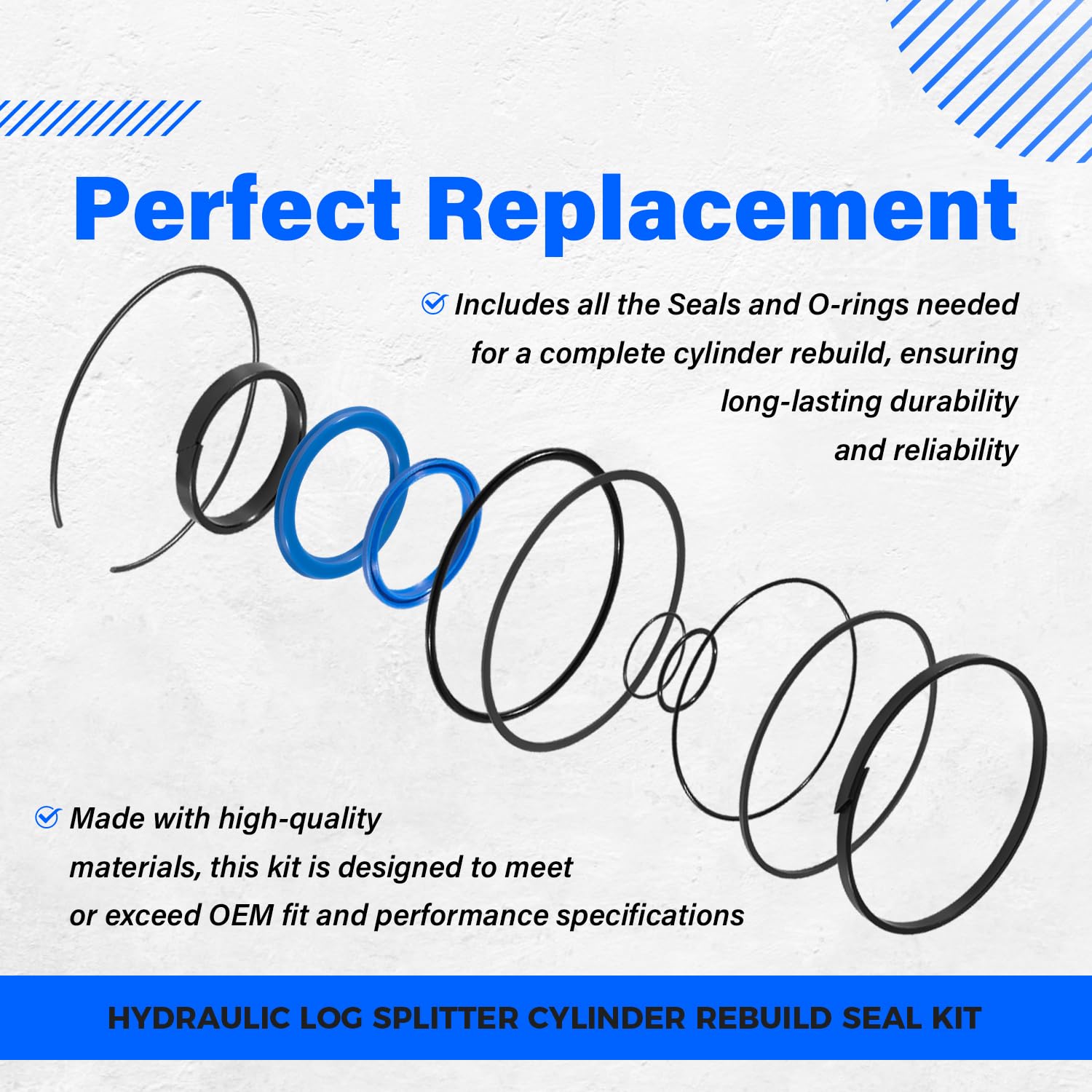 Replace for Hydraulic Log Splitter Cylinder Rebuild Seal Kit, Fit for 5.0" Bore x 2.0" Rod Cylinder (Pack of 11)