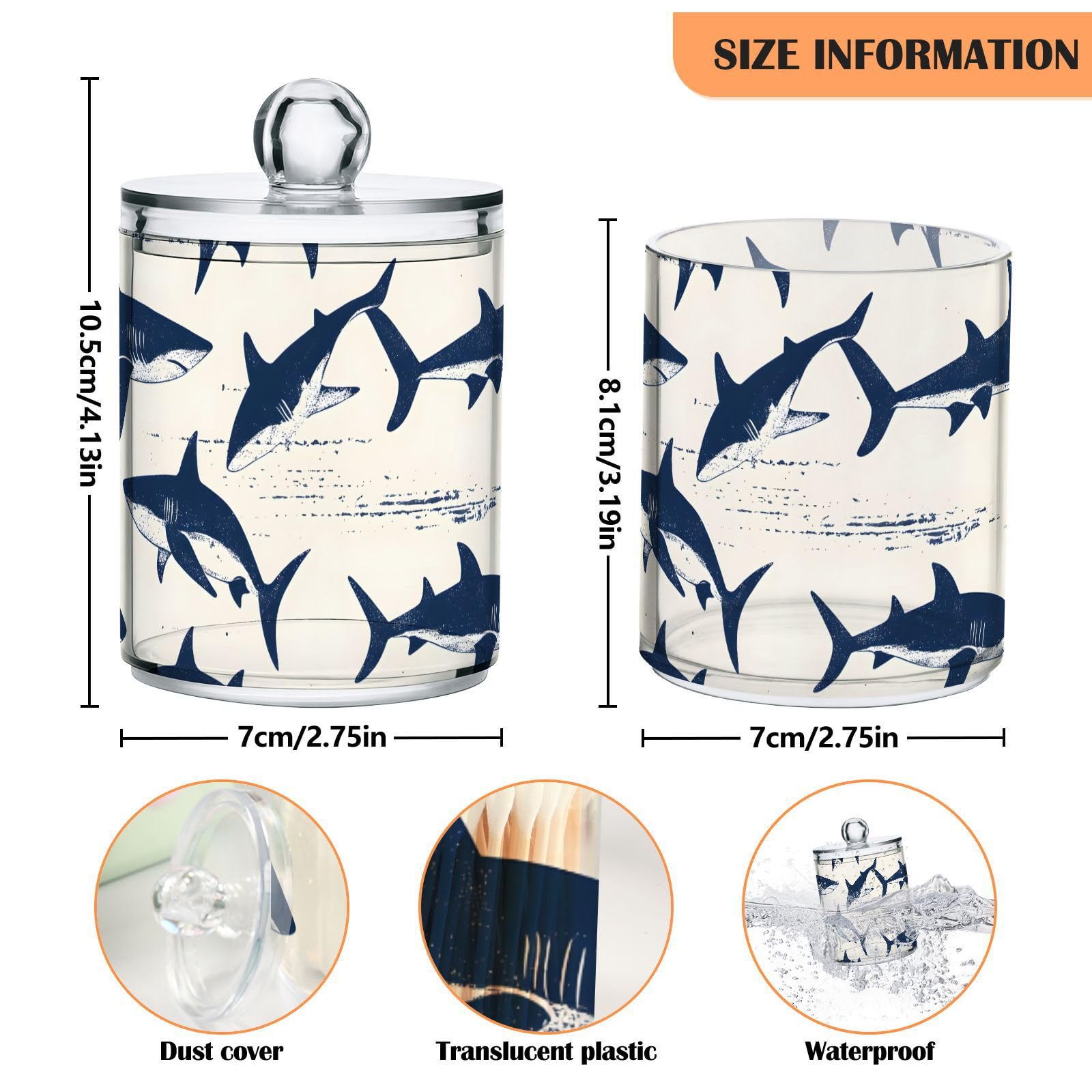YMGQYJ 2 Pack Pattern Sharks Qtip Cotton Ball Holders Dispenser with Lid, Plastic Jars Bathroom Canisters Storage Organizer