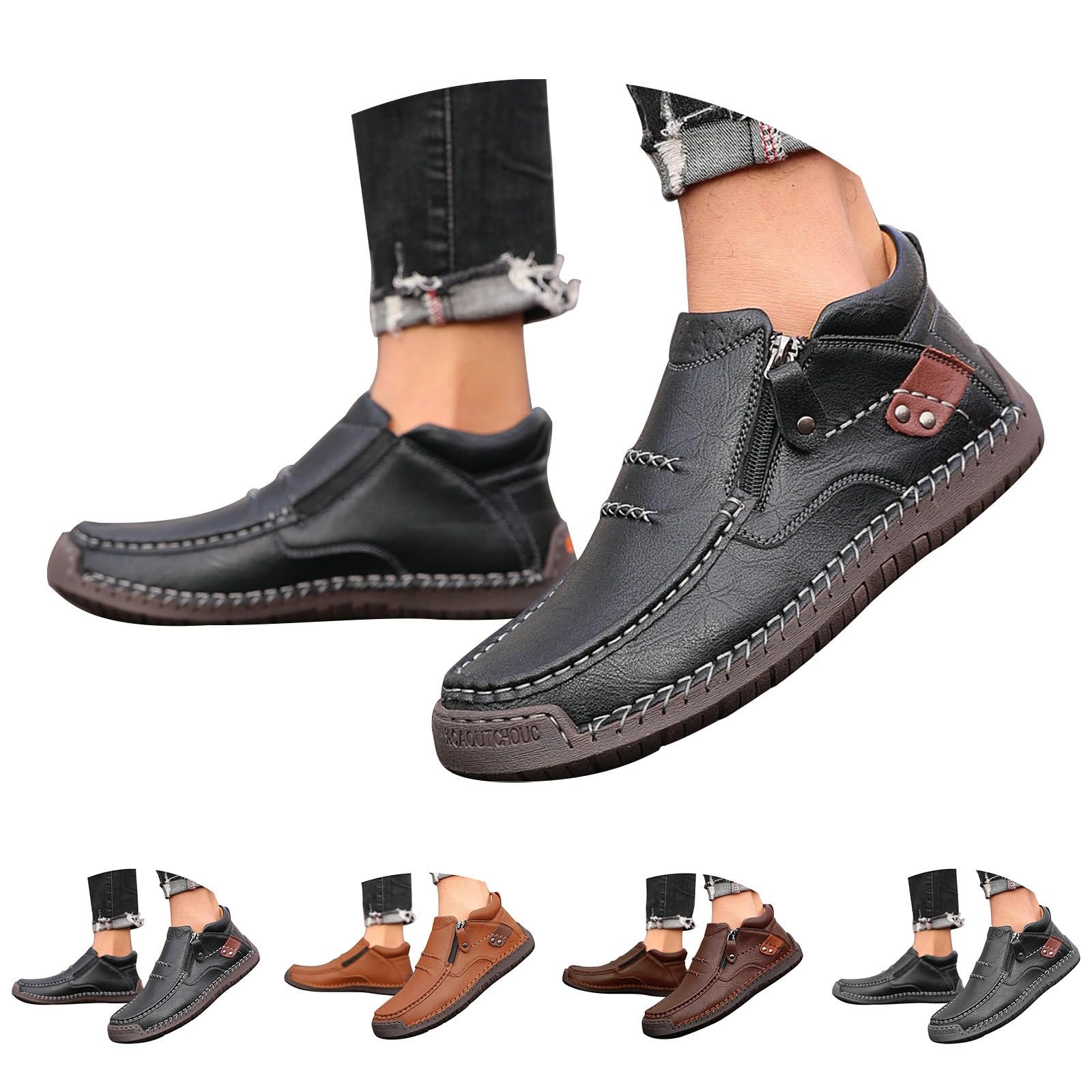 Zapatos de piel para hombre, hechos a mano, planos, antideslizantes, transpirables, clásicos, de negocios, con cremallera, extraanchos, amortiguadores, informales, para exteriores