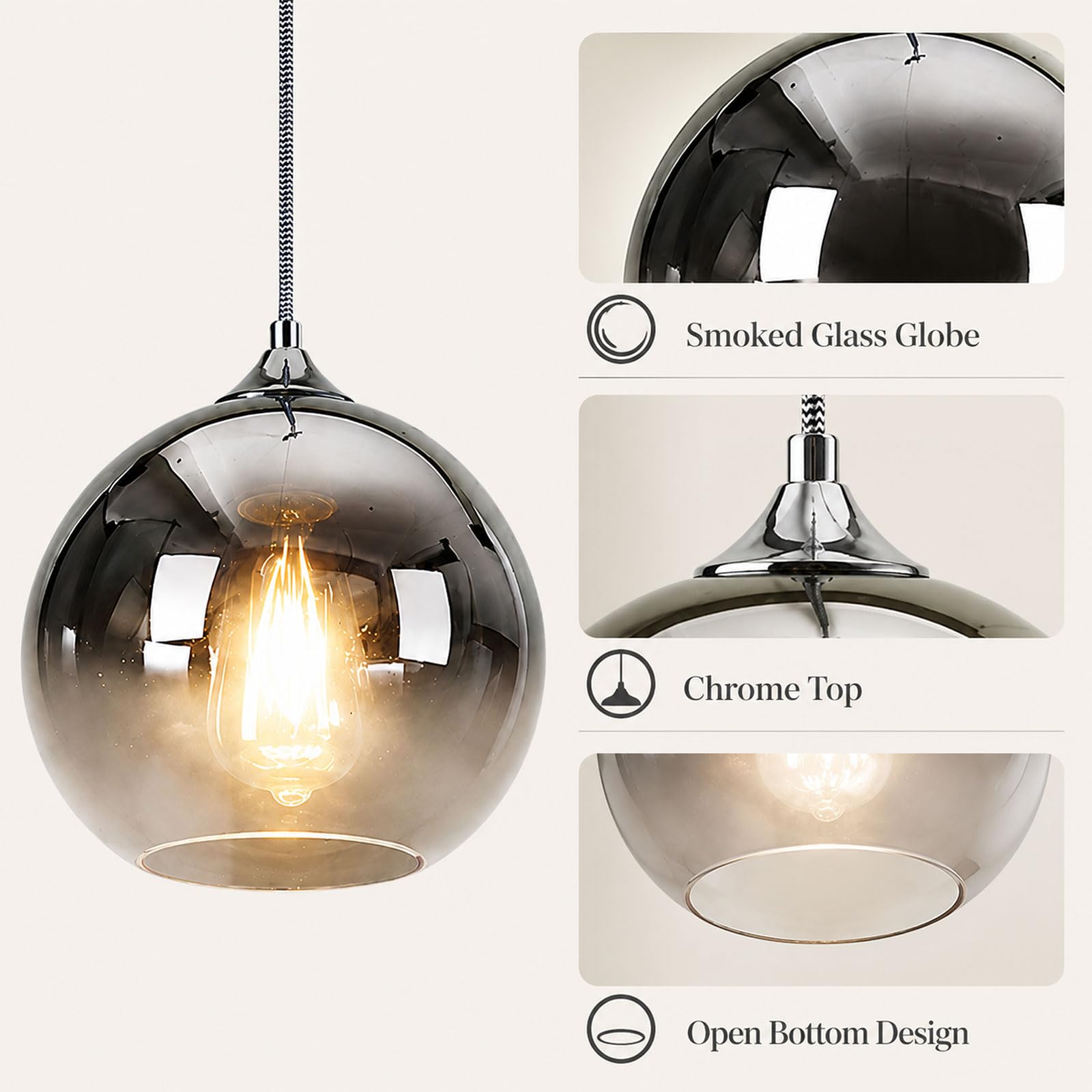Lampada A Sospensione Globe 20 CM, Mini In Vetro Con Cavo Regolabile, Attacco E27, Luce Calda 3000K, Collegamento Diretto, Per Isola Cucina, Sala Da Pranzo, Camera, Lampadina Inclusa
