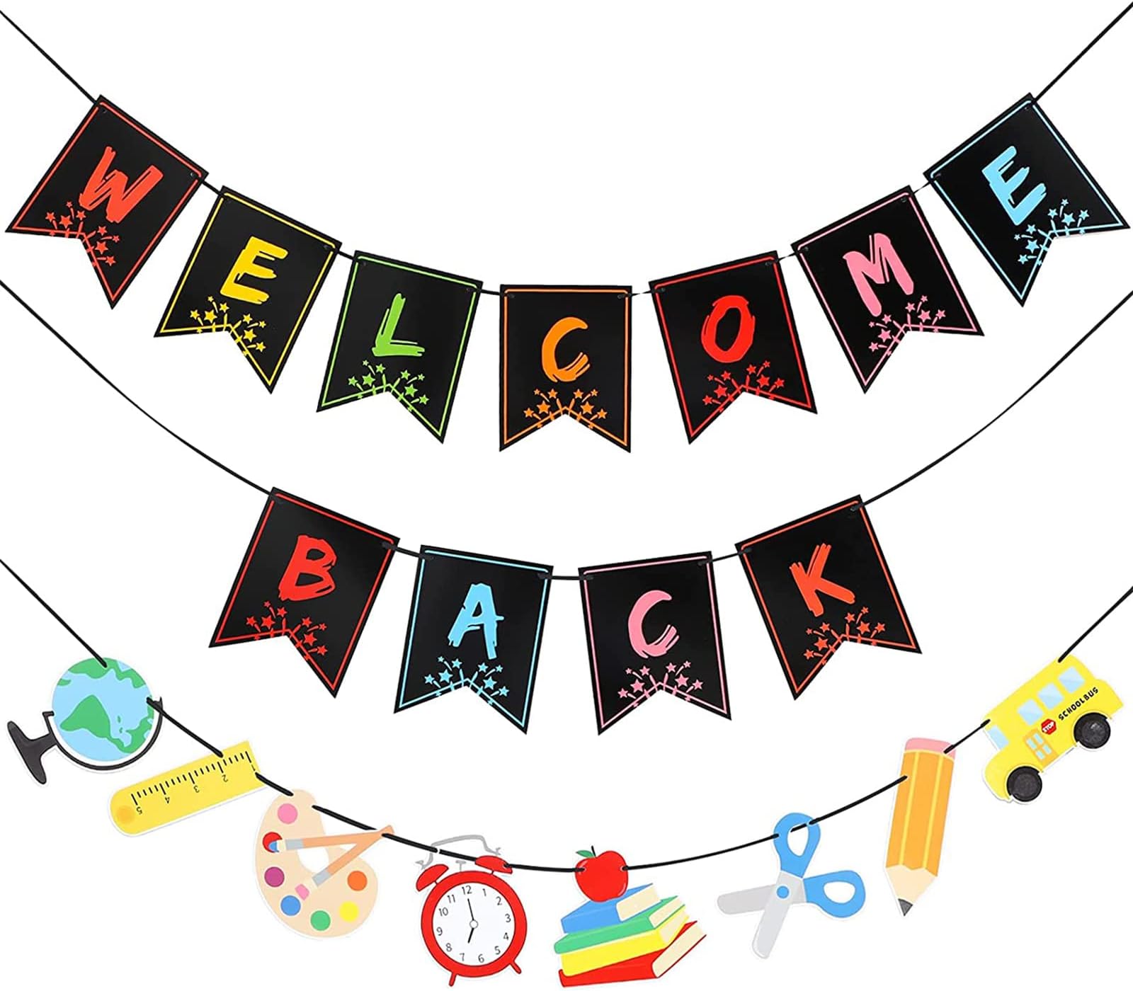 3 Pack Welcome Back Banner Classroom Banner Decorations Welcome Bulletin Board Banner Welcome Chalkboard Brights Pennants for Back to School Seasons, School Supplies