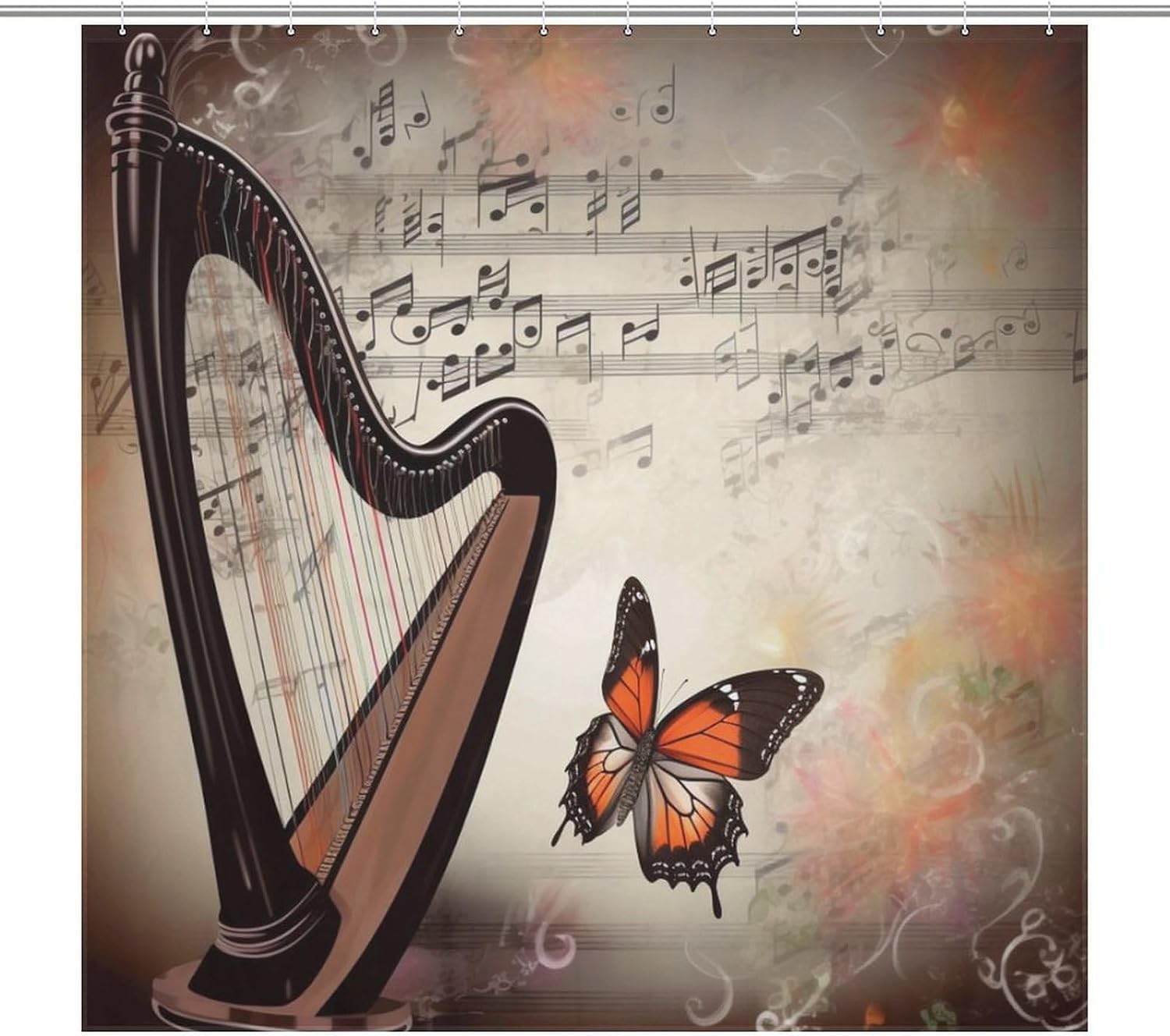 Music Background with Harp and Butterfly Shower Curtain Set Modern Shower Curtain for Bathroom Accessories Waterproof Washable Fabric Bath Curtain with 12 Hooks 70.9 X 70.9 Inch