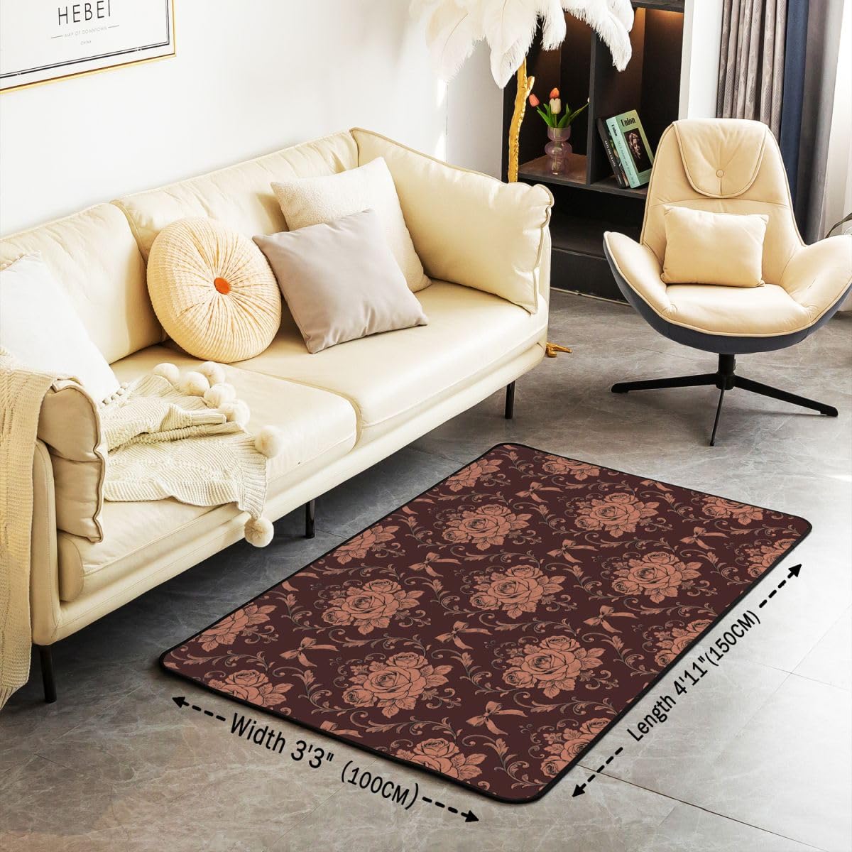 Homewish Damask Girls Bowknot czerwony brązowy damski dywanik 100 x 150 cm do sypialni - kokarda róża dywany salon wiktoriański gotycki nie gubi włosia dywan boho ciepłe miękkie pościel duże dywany