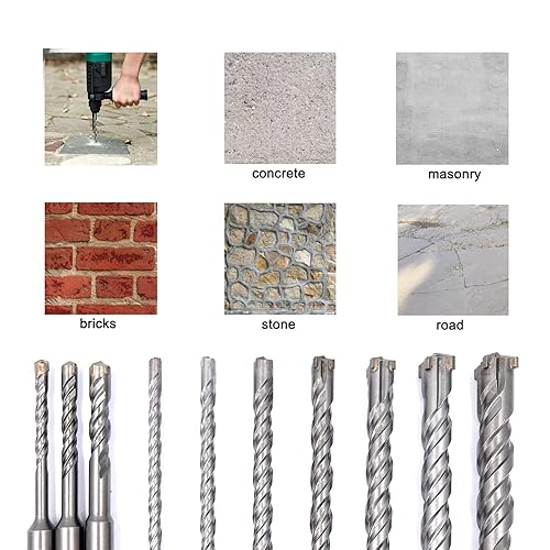 Miniatura 5 de Juego de 10 brocas de martillo rotativo SDS-Plus con punta de carburo para hormigón, ladrillo, bloque, piedra, mampostería