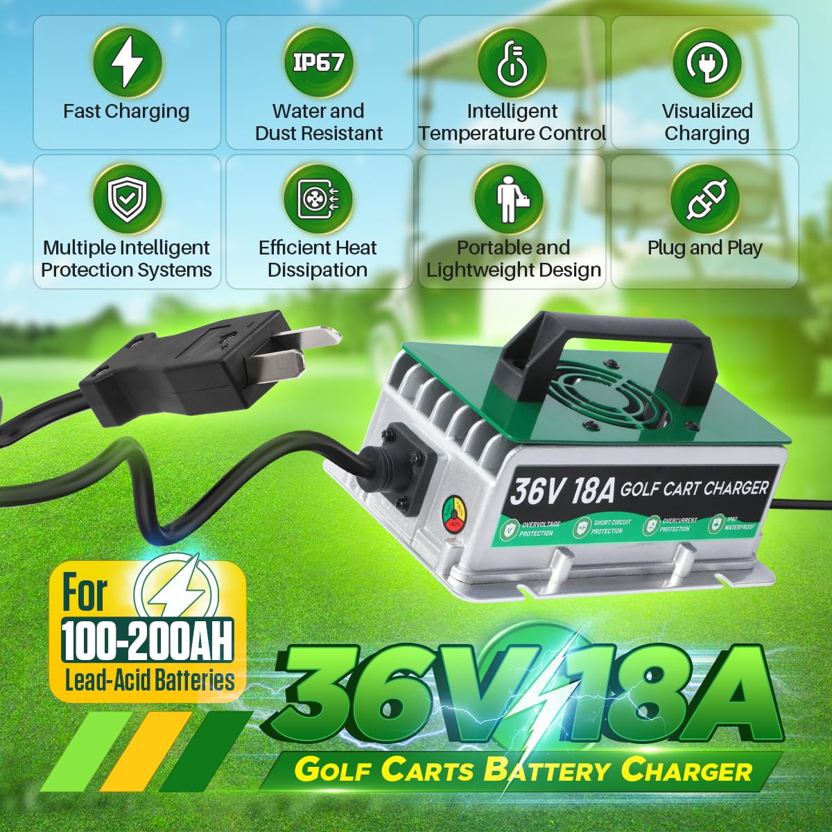 Chargeur de batterie 36 V pour voiturette de golf EZGO/Yamaha/Club Car 18 A