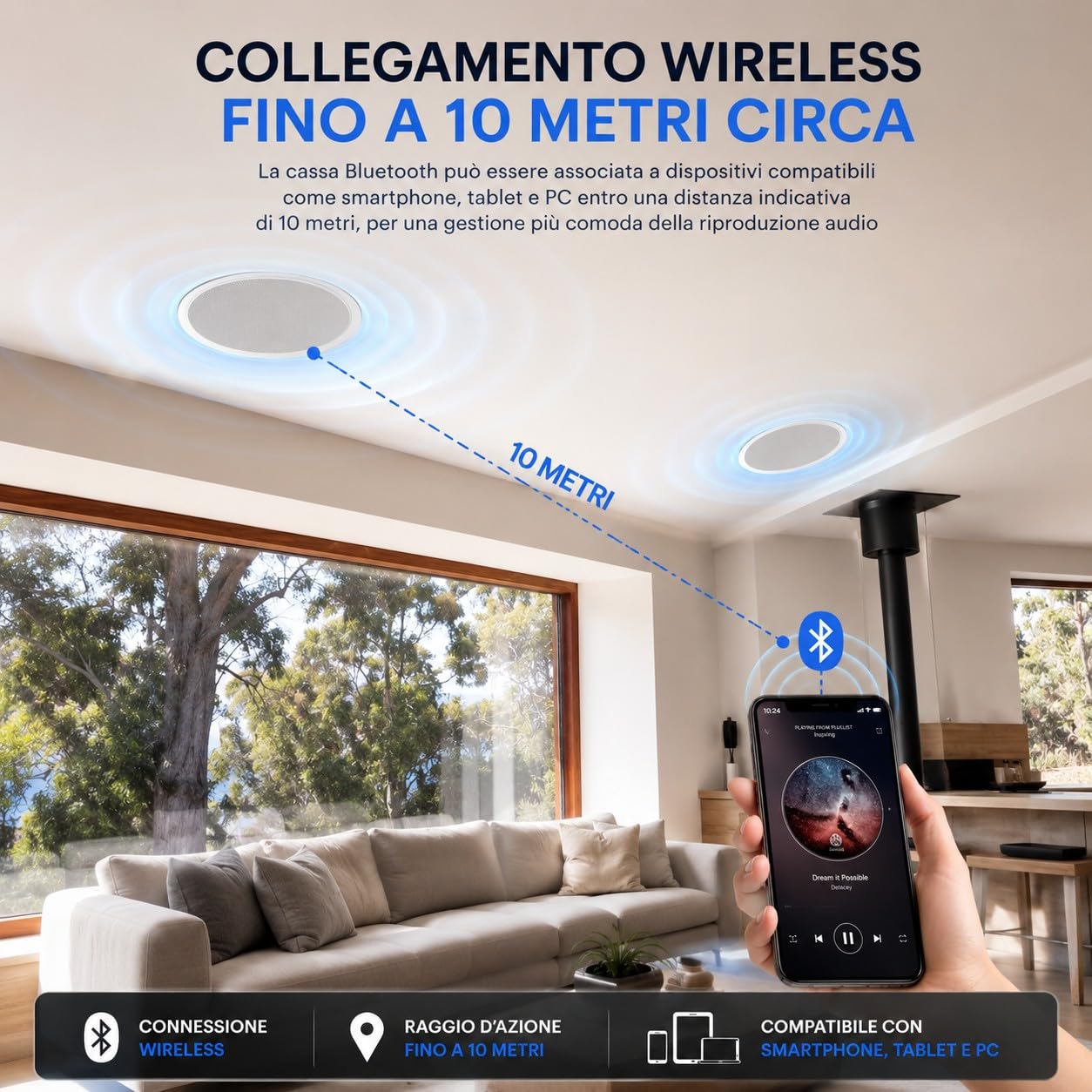 Coppia 2 Casse da Soffitto Parete con Bluetooth 20W ad incasso 2 Vie Woofer 5" Altoparlanti Audio per Casa Ufficio Controsoffitto con 1 Cassa Bluetooth e 1 Passiva