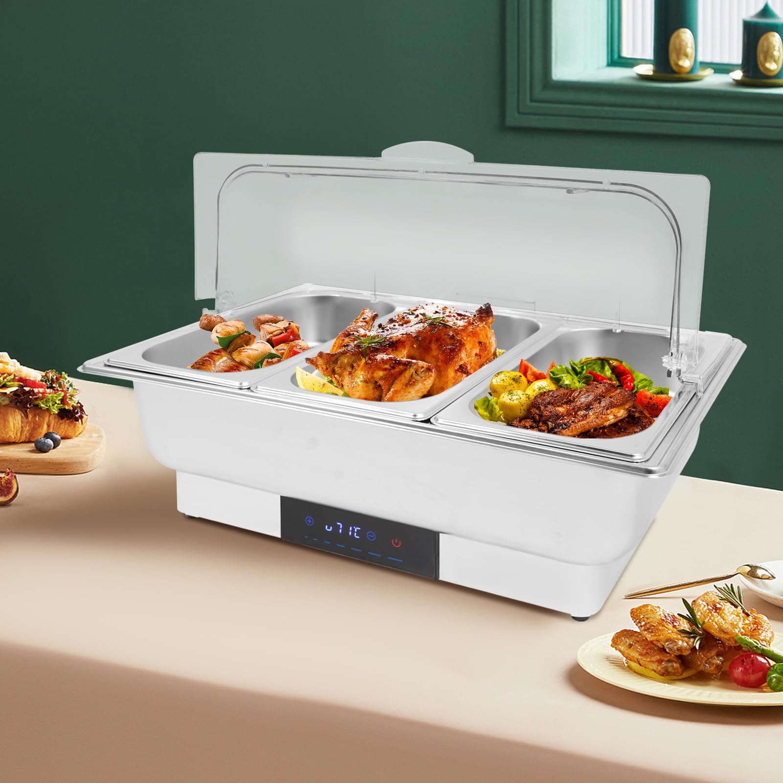 Chafing Dish - Riscaldatore a buffet da 9 l, con regolatore di temperatura da 35 ℃ a 90 ℃, in acciaio inox, con coperchio per buffet e catering