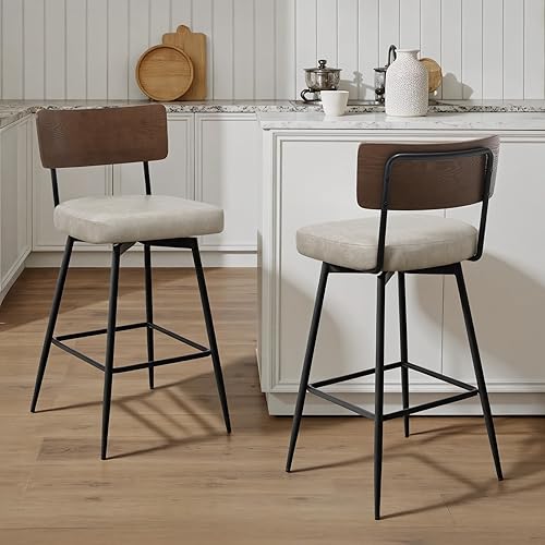 Miniatura 8 de Griege - Juego de 2 taburetes de bar giratorios de 26 pulgadas de altura de mostrador con respaldo de madera, taburetes de bar tapizados de piel
