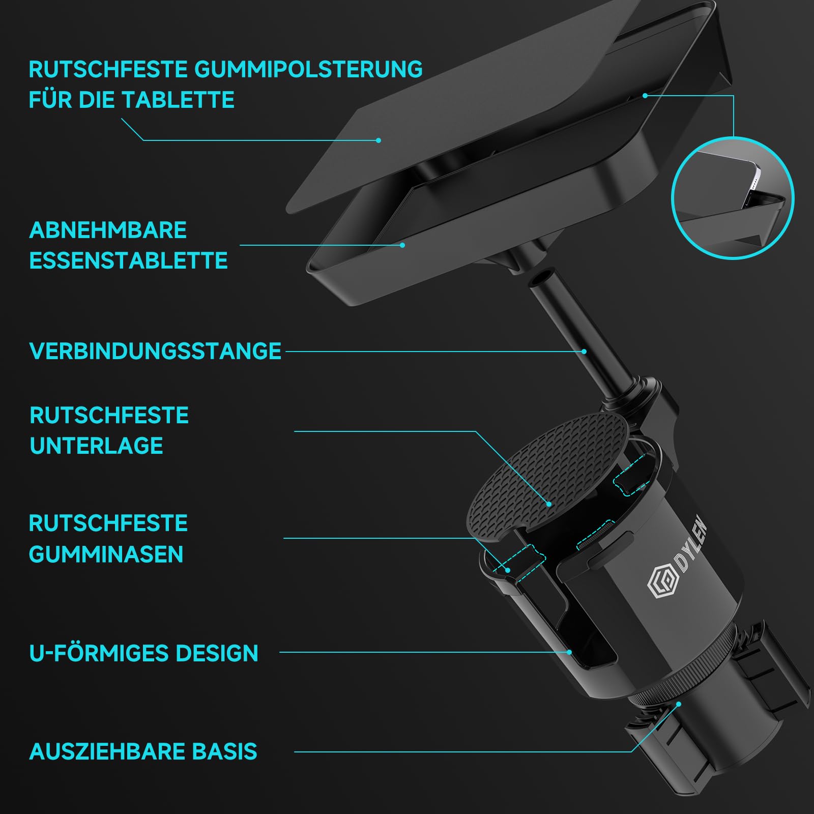 DYLEN Getränkehalter Auto, Becherhalter Auto mit 24cm abnehmbarem Tisch | Flaschenhalter Auto Kompatibel mit Stanley, andere große Flaschen in 0,5-1,5L (7,0-10,7 cm)