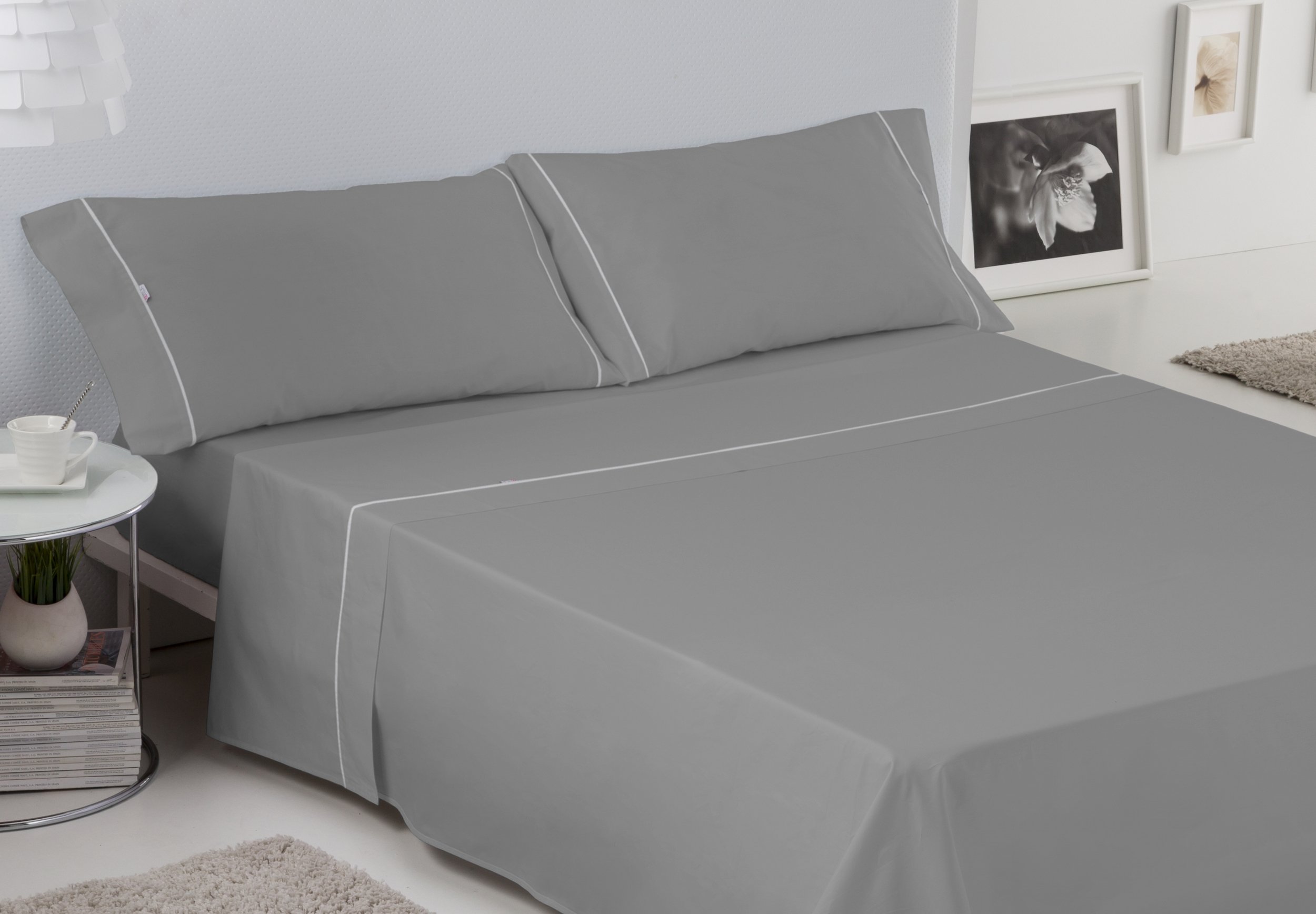 Es-Tela - Juego de sábanas liso con biés, color plomo, cama de 150 cm (2 almohadas), algodón-poliéster, 4 piezas