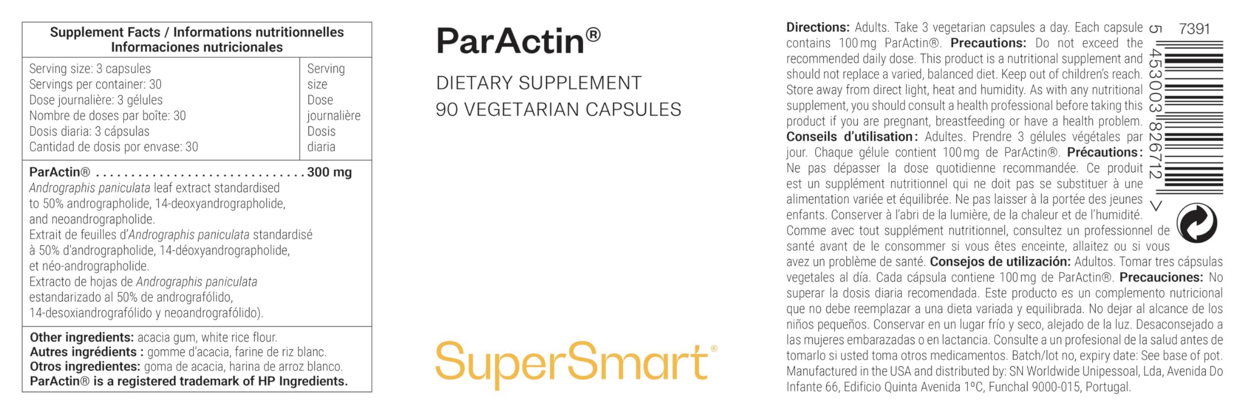Supersmart - ParActin - Extrait Hydroalcoolique des Feuilles d’Andrographis Paniculata - Contribue à Renforcer le Système Immunitaire - | Sans OGM - 90 Capsules Végétariennes
