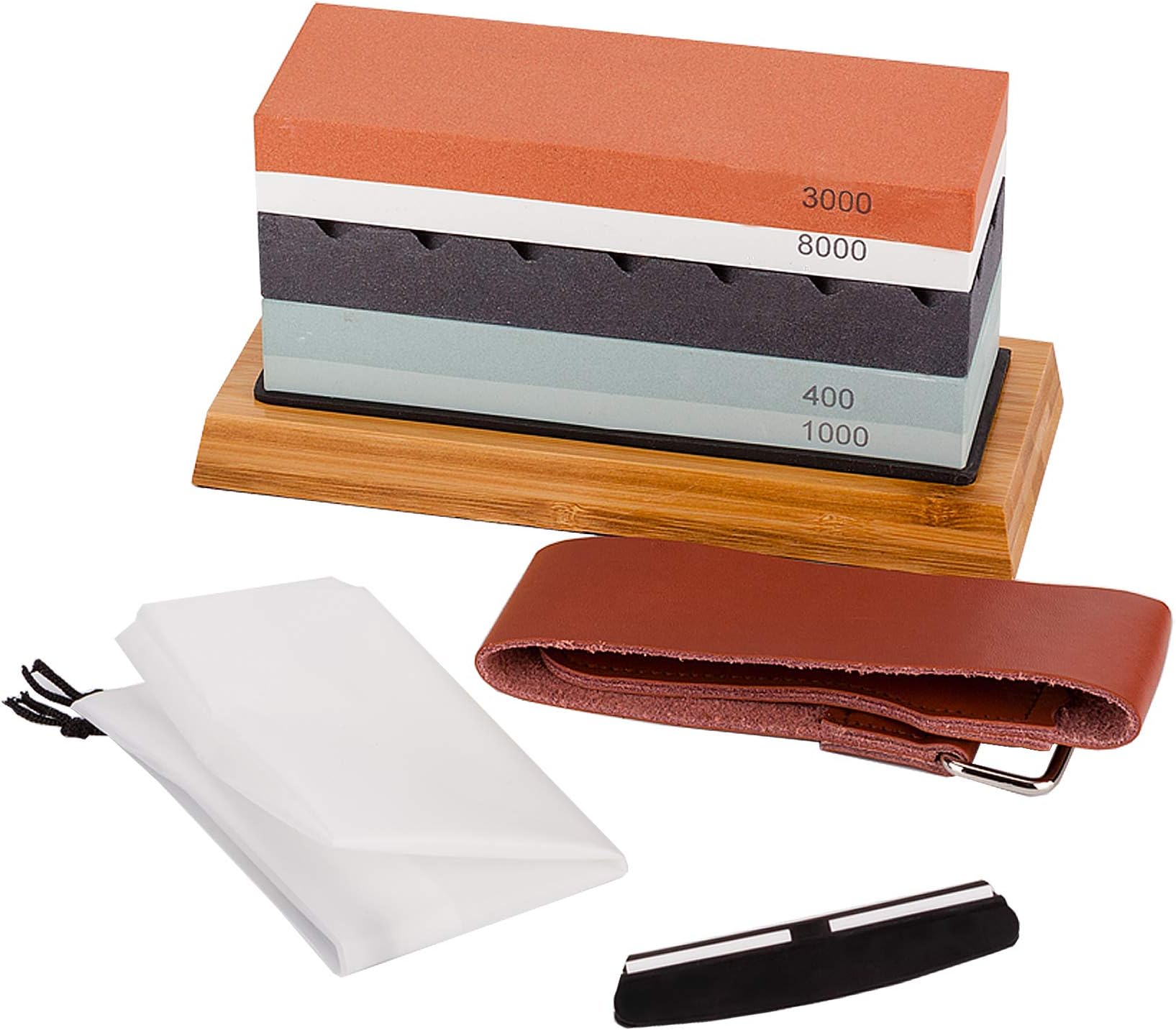 Knife Sharpening Stone Set, Whetstone Sharpening Kit Sharpener Stone Set with Dual Sided 400/1000 and 3000/8000 Whetstones, Non-slip Bamboo Base, Flatting Stone, Angle Guide and Leather Strop