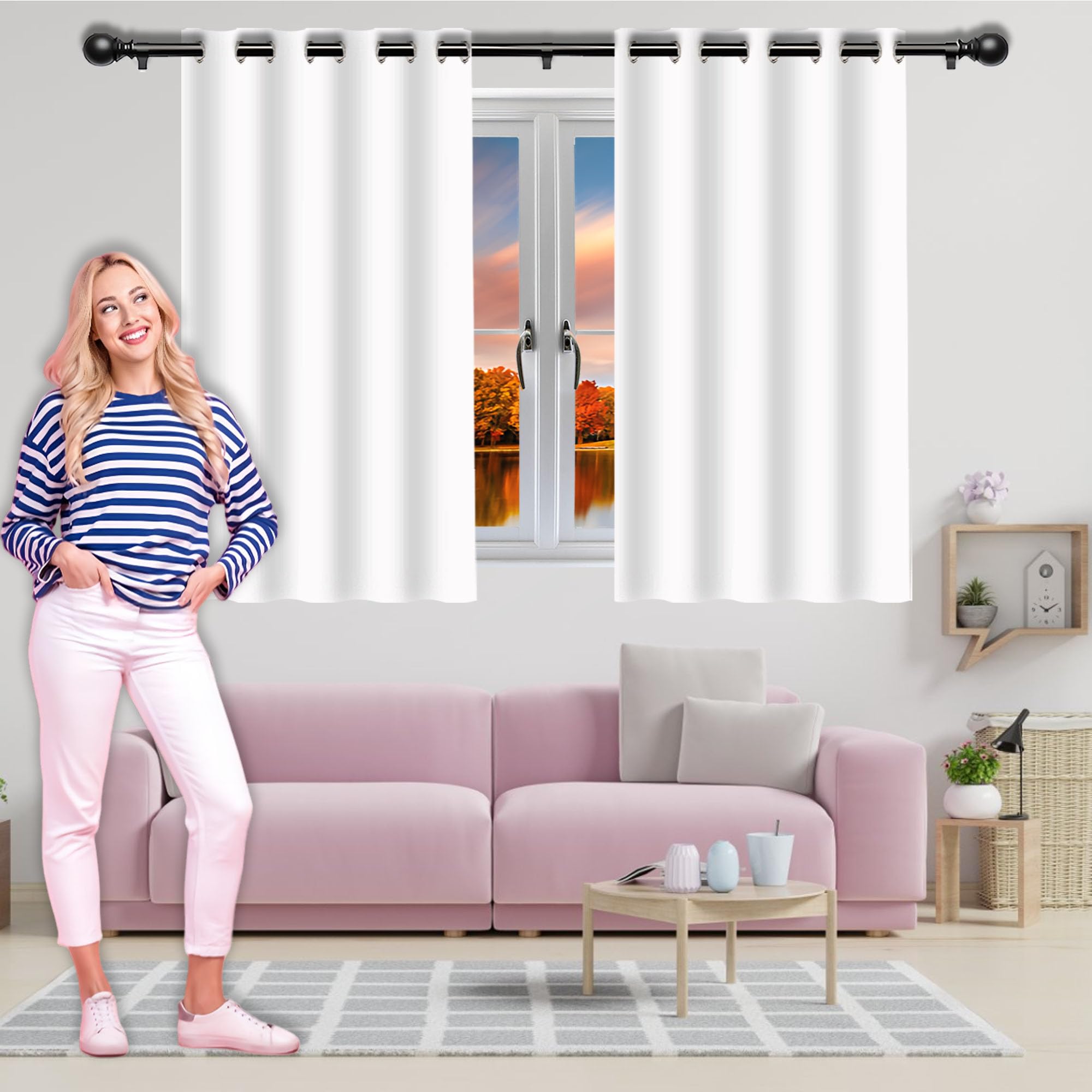 Double rideaux thermiques isolants 190x182 cm blanc à oeillets pour salon et chambre