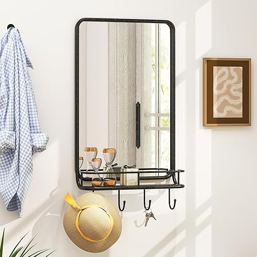 Miniatura 2 de Tangkula Espejo de pared con estante y 4 ganchos, espejo rectangular vintage, marco de metal y esquina redonda, espejo de pared de granja para baño,