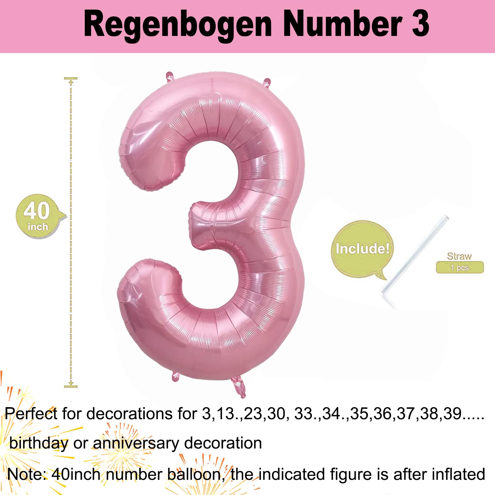 KOBOKO Cijferballon 3 Roze – 101 Cm Folieballon Voor Meisjes 3e Verjaardag | Pastelroze & Lichtroze Heliumballon Nummer 3 Voor Kinderfeestje