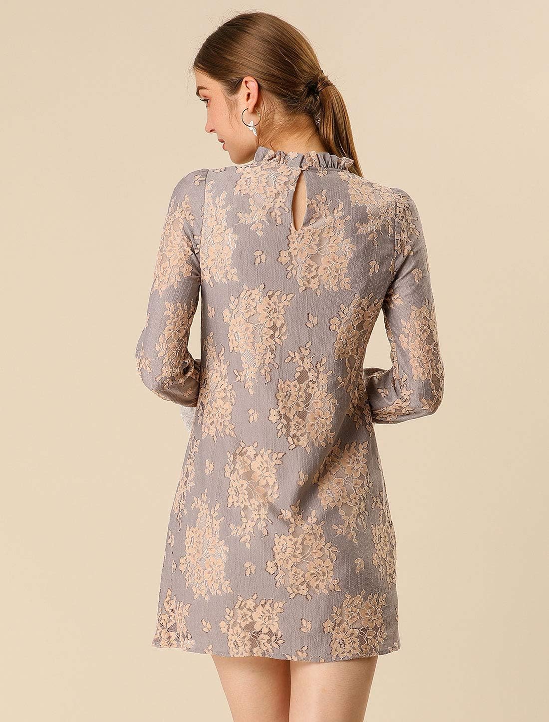 Allegra K Women's Cocktail Elegant Ruffle Crew Neck Floral Lace Shift Dress - Image 5