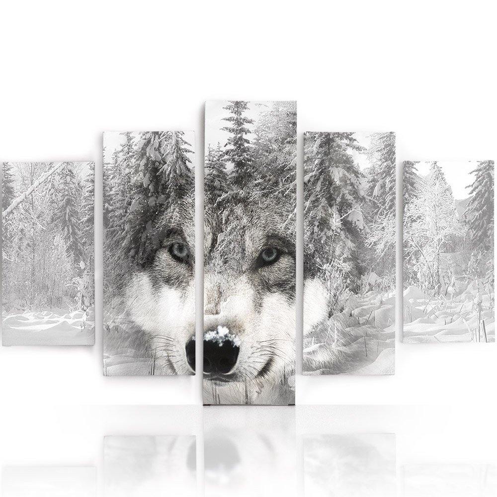 Feeby Leinwandbild Bilder Wand Bild - 5 Teile - Wandbilder Kunstdruck (Wolf, Wald, Schnee) 100x200 cm, Typ A