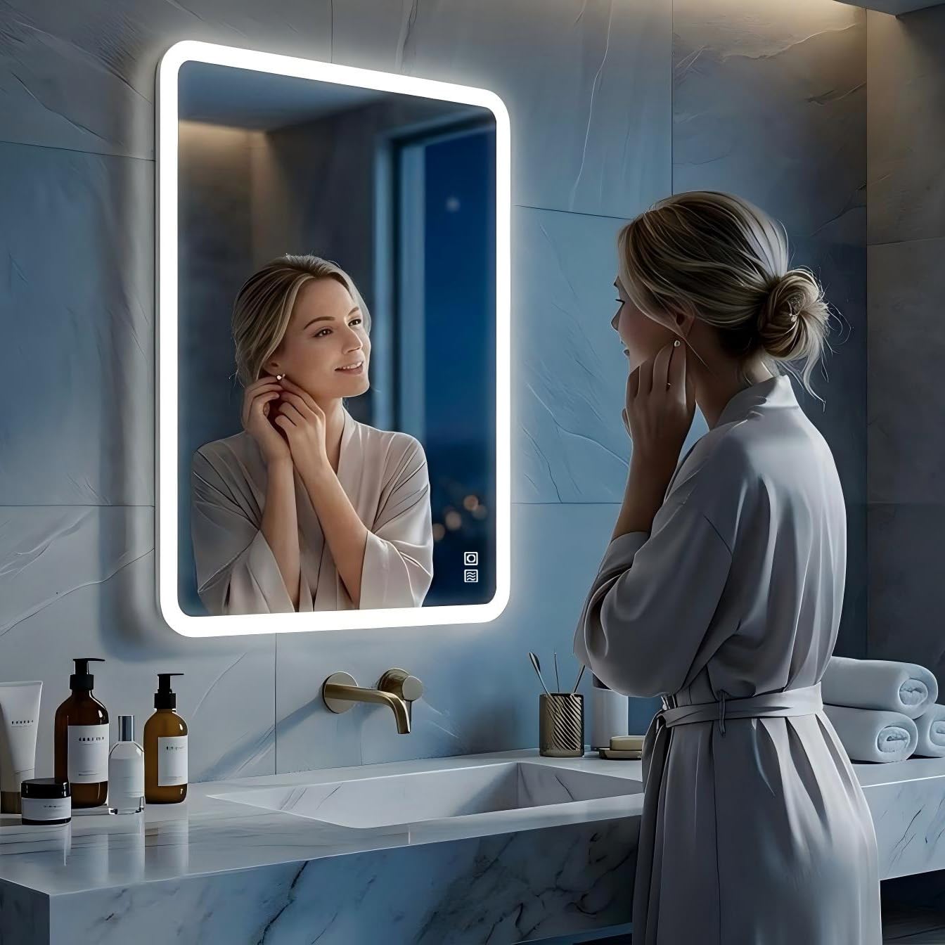 MIQU Badspiegel LED 80 x 60 cm Badezimmerspiegel mit Beleuchtung Groß Spiegel mit Licht Touch dimmbar Rechteckig Wandspiegel mit Bluetooth + Steckdose +Beschlagfrei + 3 Lichtfarben