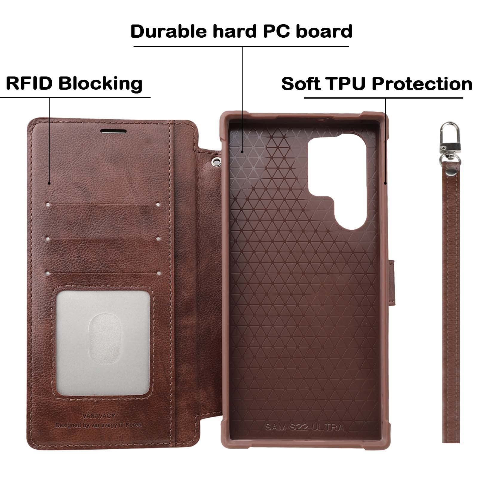 VANAVAGY Compatible for Galaxy S23 Ultra Wallet Case, 12ft Drop Protection, RFID Blocking PU Leather Flip Cover - Image 3