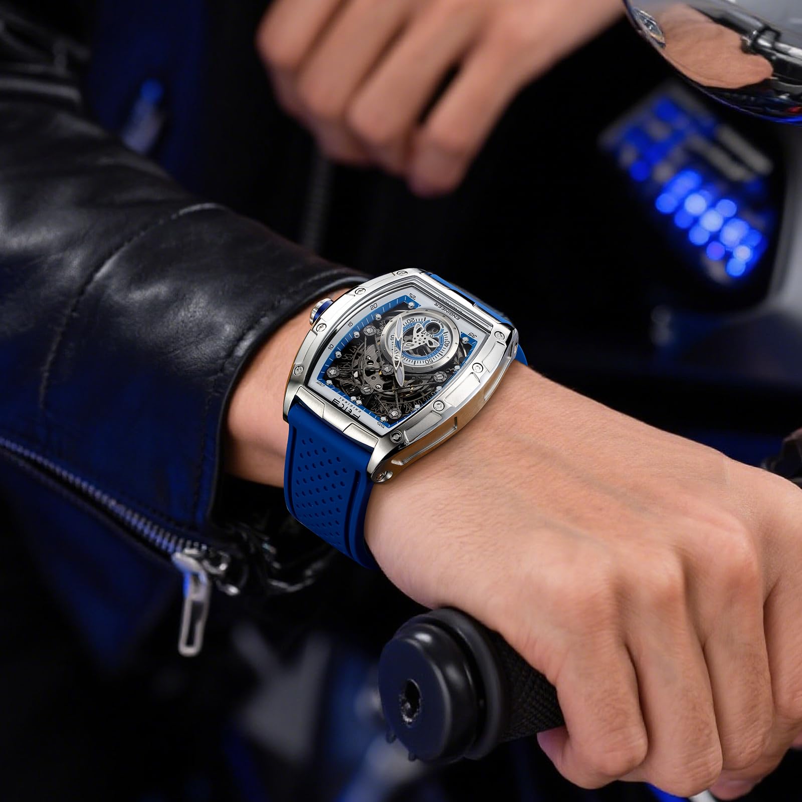 FEICE FM503 Orologio da Uomo Orologio Automatico Scheletrato Data Blu | Meccanico, Data, Forma a Barilotto, Vetro Minerale Blu Galvanizzato, Cinturino in Silicone Liquido, Cassa in Acciaio Inox