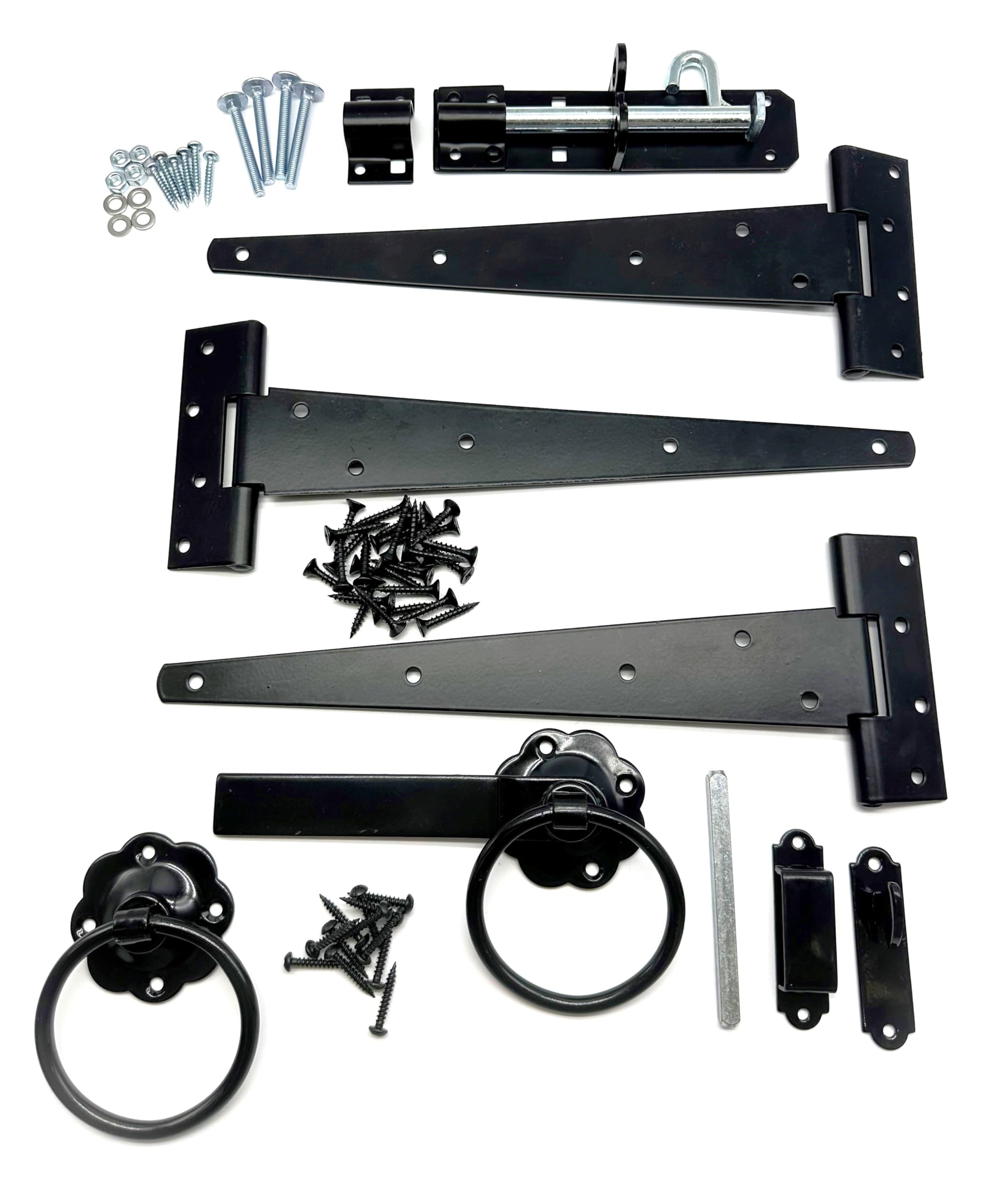 Heavy Duty Garden Gate Black Hinge Pack. 3X 12 Tee Hinges, Ring Latch, Padbolt & All Fixings. Hanging Kit for Garden Gates and Doors. Corrosion and Weather Resistant Hinge Set.