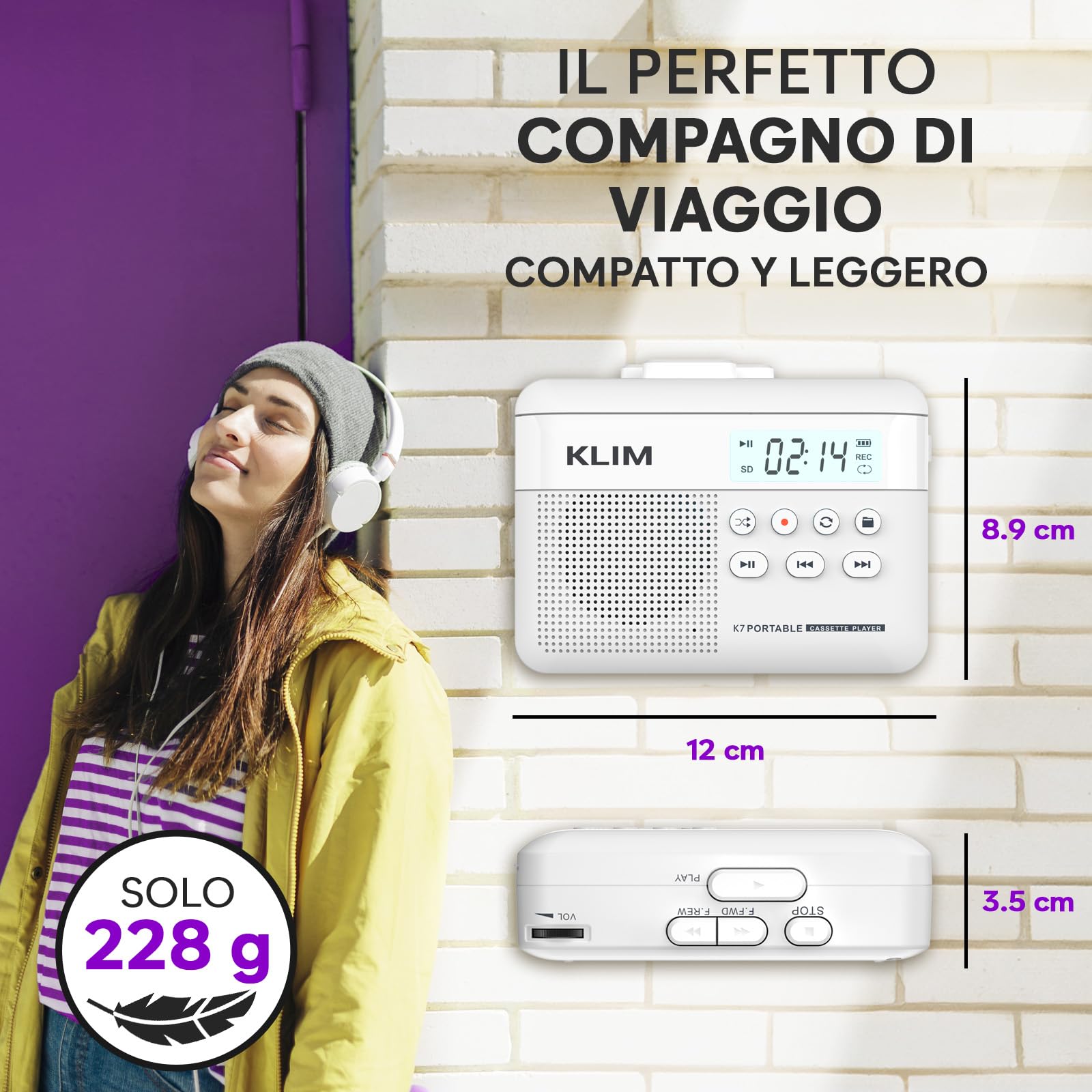 K7 Cassette Player Convertitore Cassette MP3 Lettore Audio Portatile Microfono Altoparlante Incorporati Batteria Ricaricabile Scheda SD 16 GB Bianco