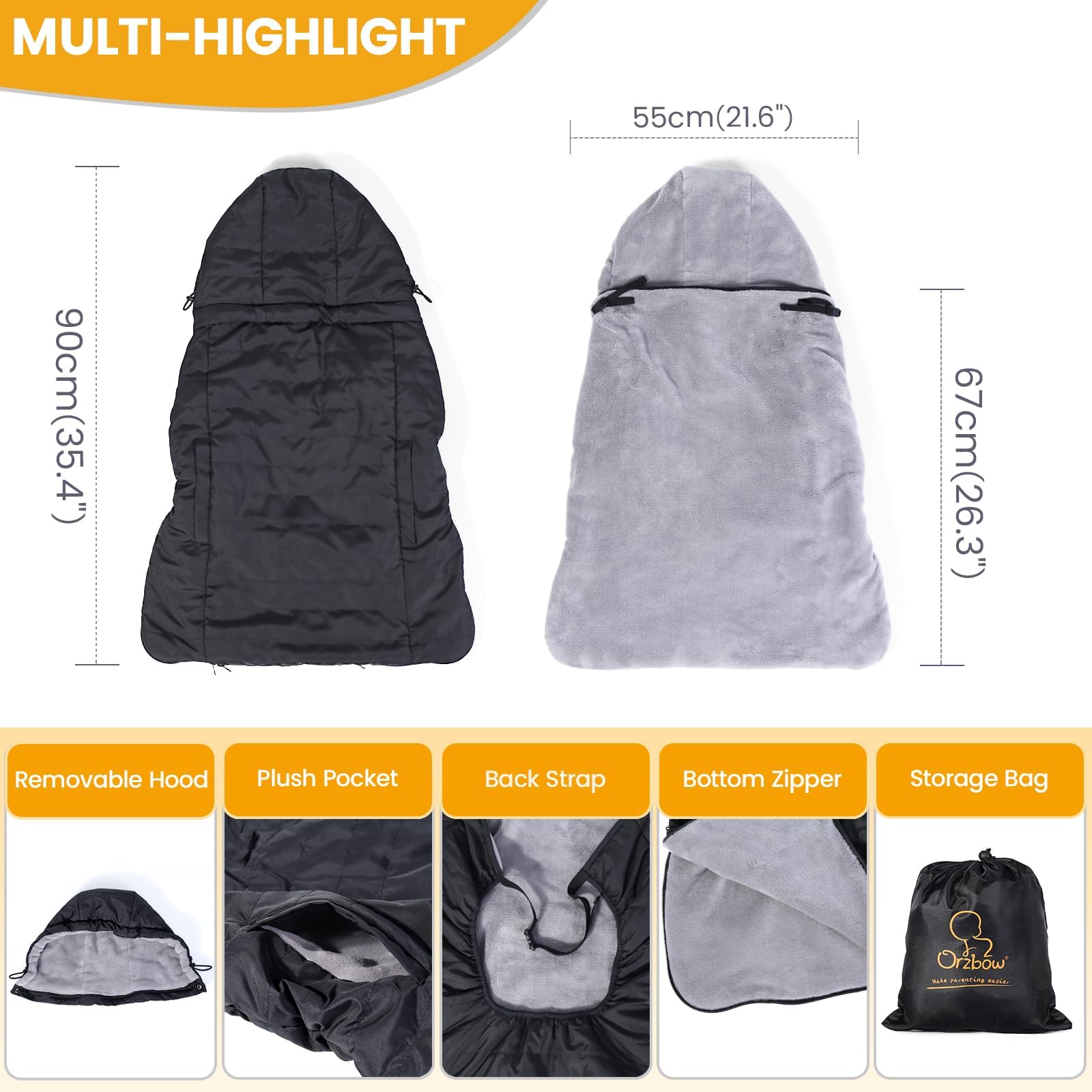 Orzbow Cover Marsupio Neonato Invernale, Universale Copri Marsupio Neonato Impermeabile, Parte Superiore Staccabile, Caldo Vello Corallo, Leggero, Lavabile in Lavatrice, Nero