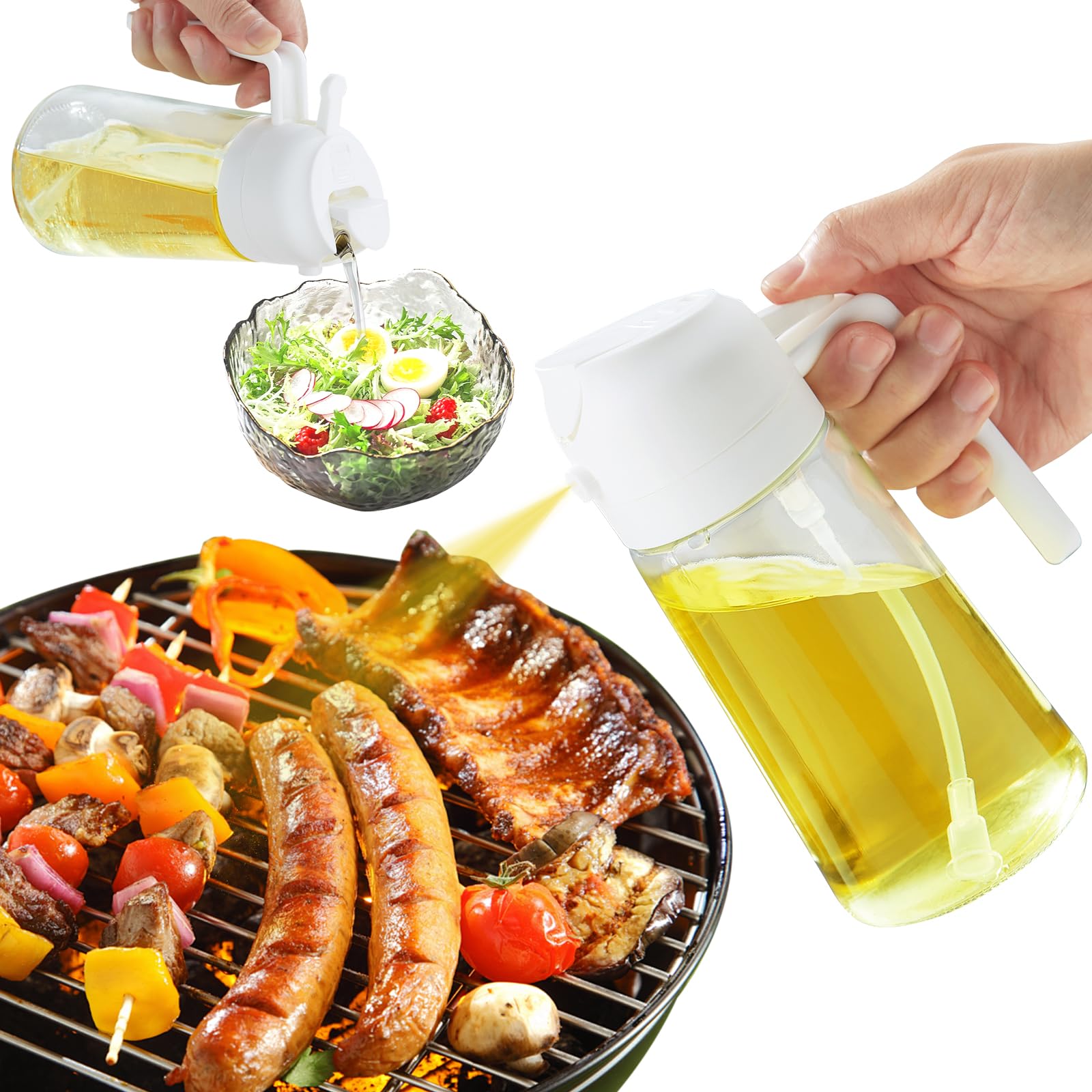 DOPUDO Oil Sprayer for Cooking, 2 in 1 Olive Oil Dispenser Bottle for Kitchen, 16oz/470ml Premium Glass Oil Bottle, Food-grade Oil Mister for Air Fryer, Salad, Frying, BBQ (Creamy White)