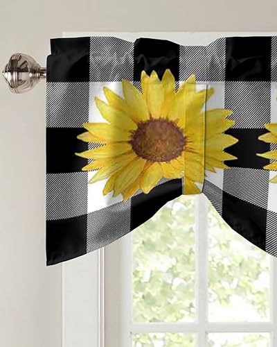 Miniatura 4 de Cenefa de girasol para cocina, cortinas cortas con bolsillo para cortinero, cenefas ajustables de girasol de acuarela, cortina de cenefa de búfalo