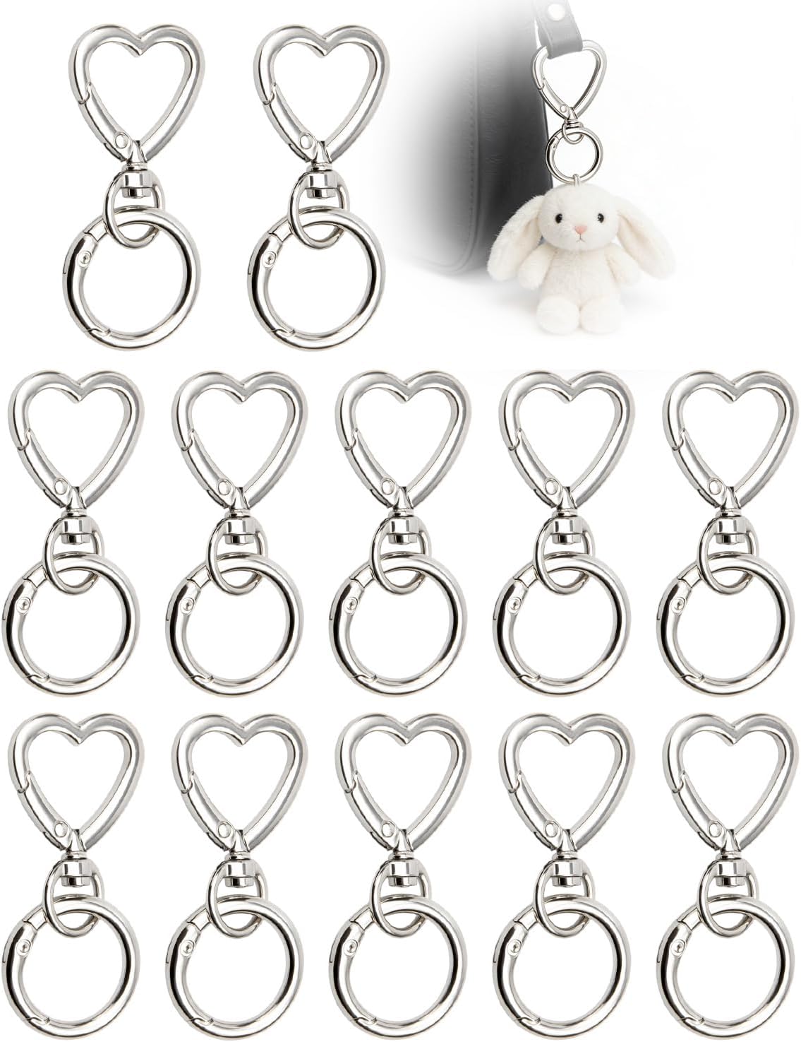 12Pcs Heart Carabiner Double Opening Snap Hooks Swivel Lobster Clasp Keychain Clip, Alloy Dual Spring Hook for Lanyard (12PC Silvery)