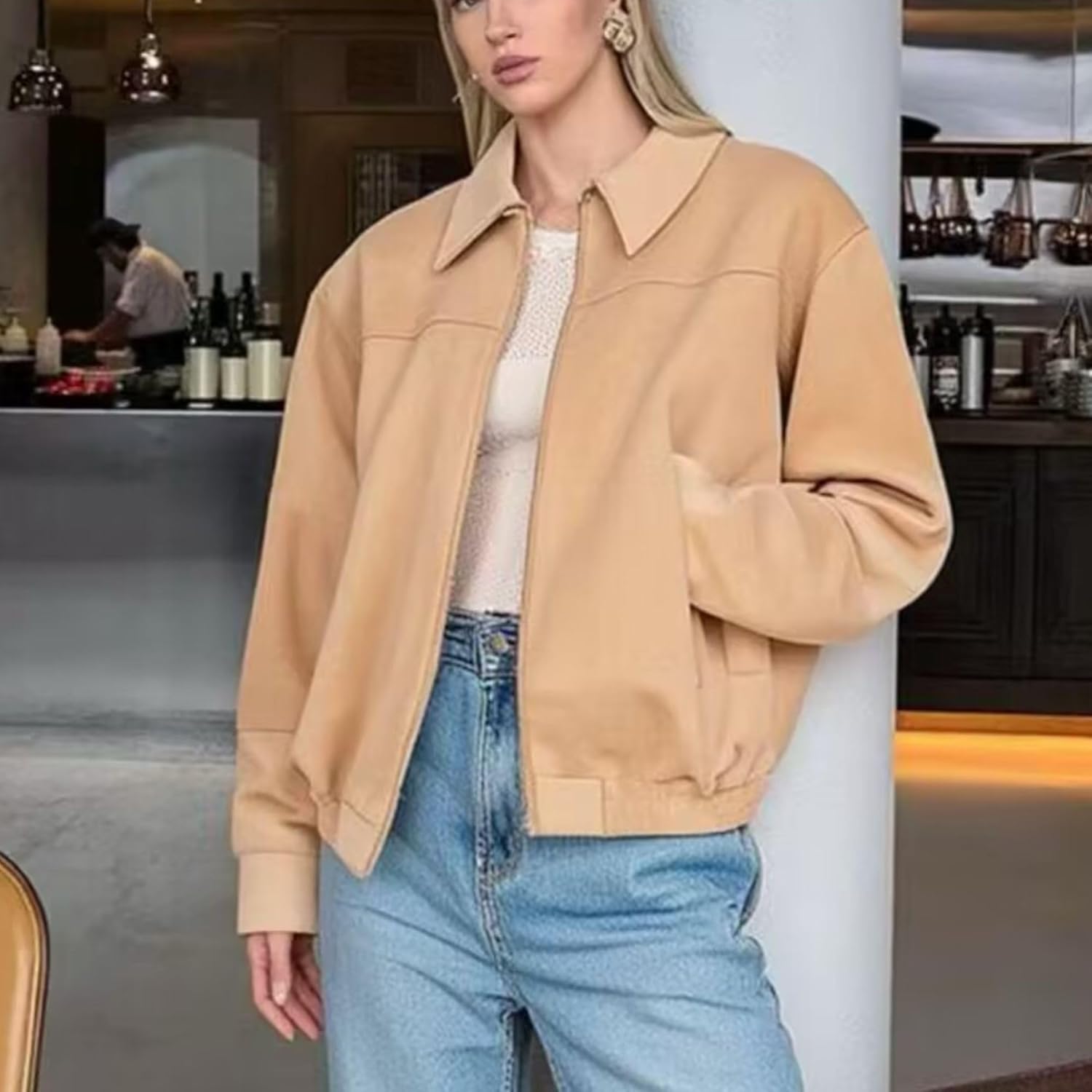 Xunger Women's Faux Suede Collar Pilot Jacket Oversized Casual Ribbed Hem Coat Vintage Streetwear Outerwear with Pockets