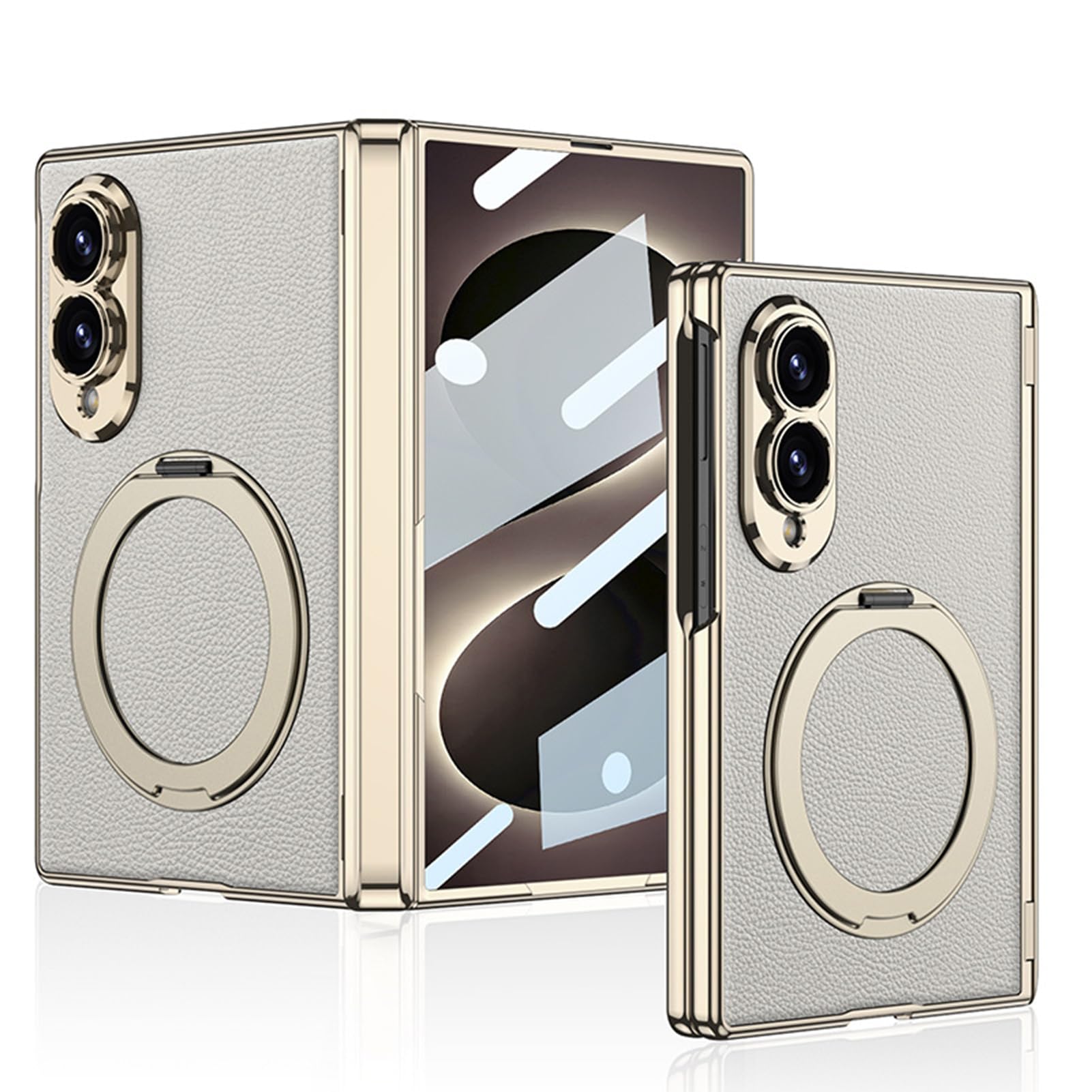 Custodia con cerniera per Samsung Galaxy Z Fold 8, protezione dello schermo placcata anello rotante elegante custodia in pelle effetto litchi, grigio