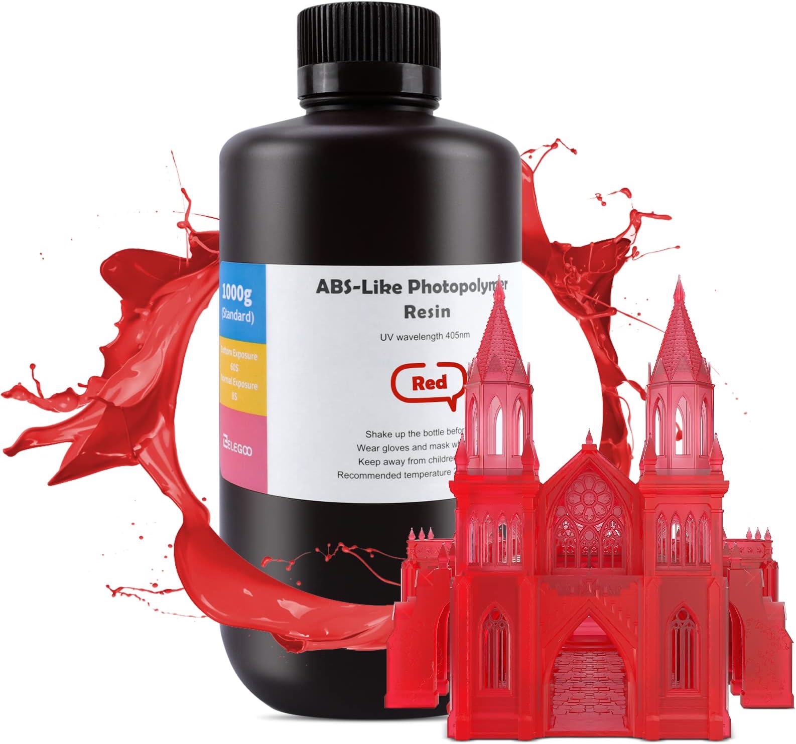 ELEGOO ABS-Like Resin Rapid UV Curing 405nm Standard Photopolymer Resin ABS 3D Resin High Precision Non Brittle Non Toxic for LCD 3D Printer Clear Red 1000G
