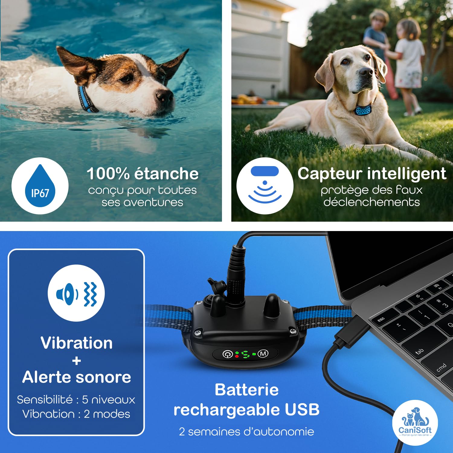 Collier Anti Aboiement Chien CANISOFT Rechargeable USB Étanche IP67 2 Modes 5 Sensibilités 2 Sangles Noire Bleue
