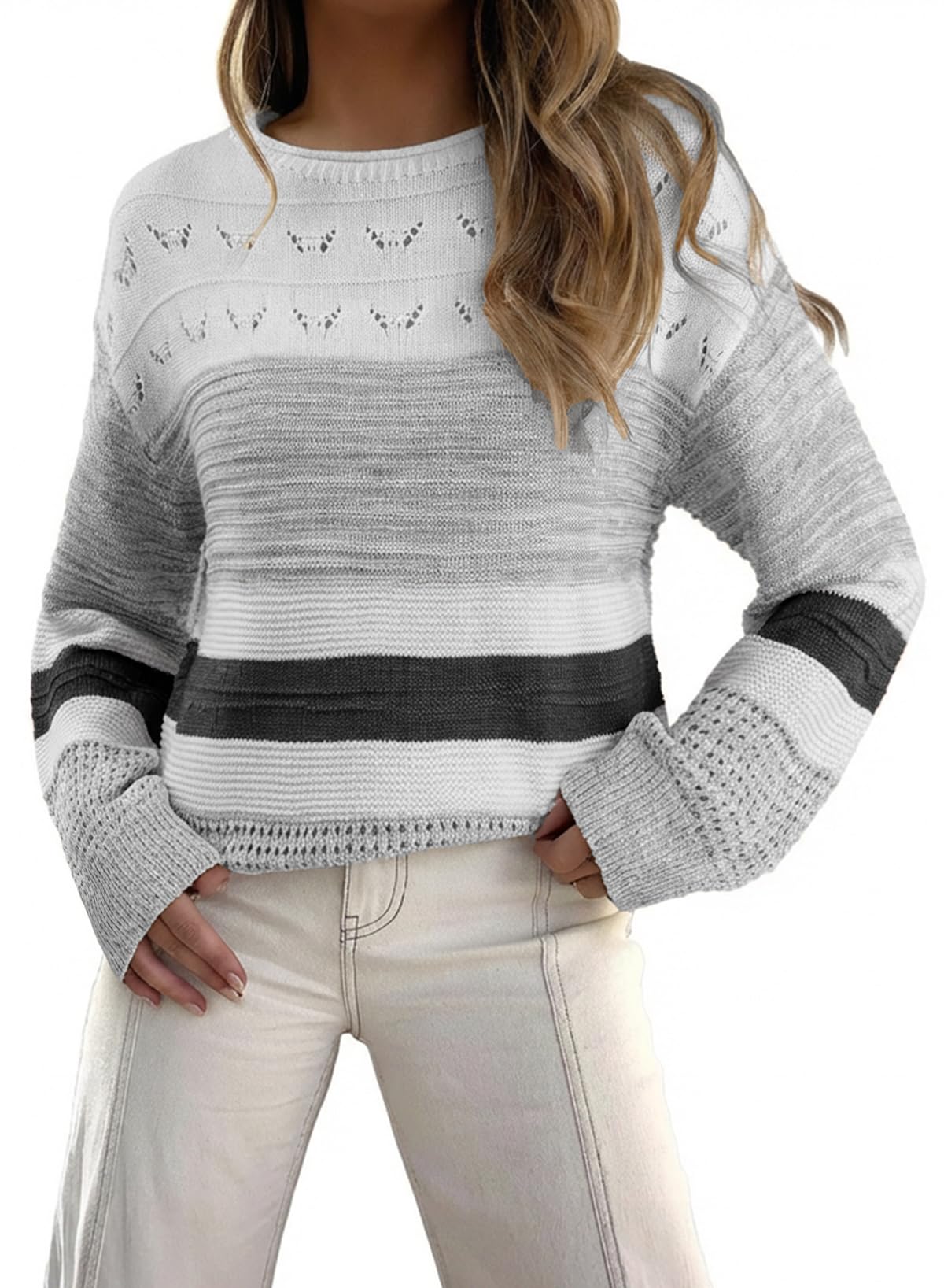 Sidefeel Womens Oversized Sweaters Striped Crochet Boat Neck Hollow Out Lightweight Long Sleeve Knit Trendy Pullover Tops