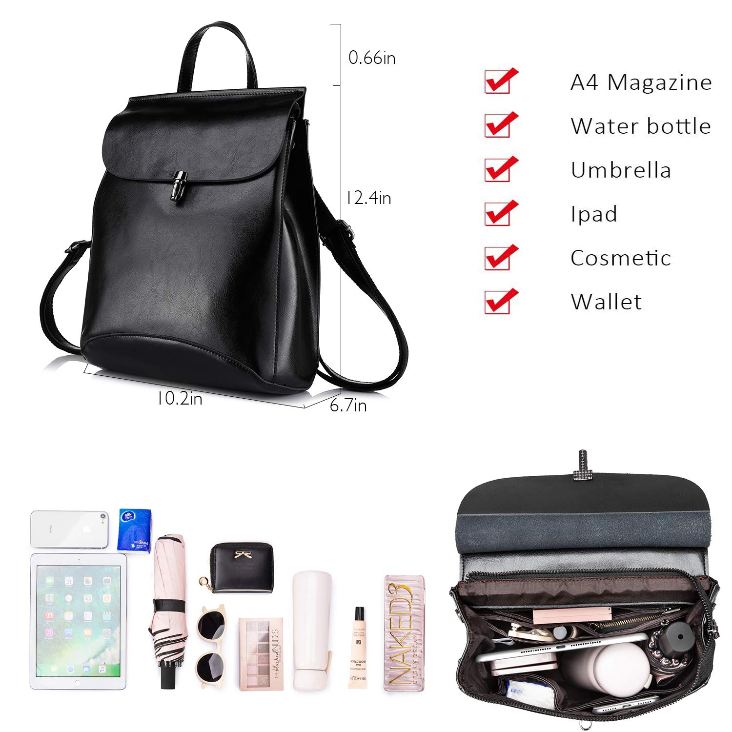 Realer Borse a Zainetto Casual Zaino Donna Pelle Vera Elegante Zaini da Donna Cuoio Borsa Daypack per Scuola Viaggio Lavoro Shopping Nero