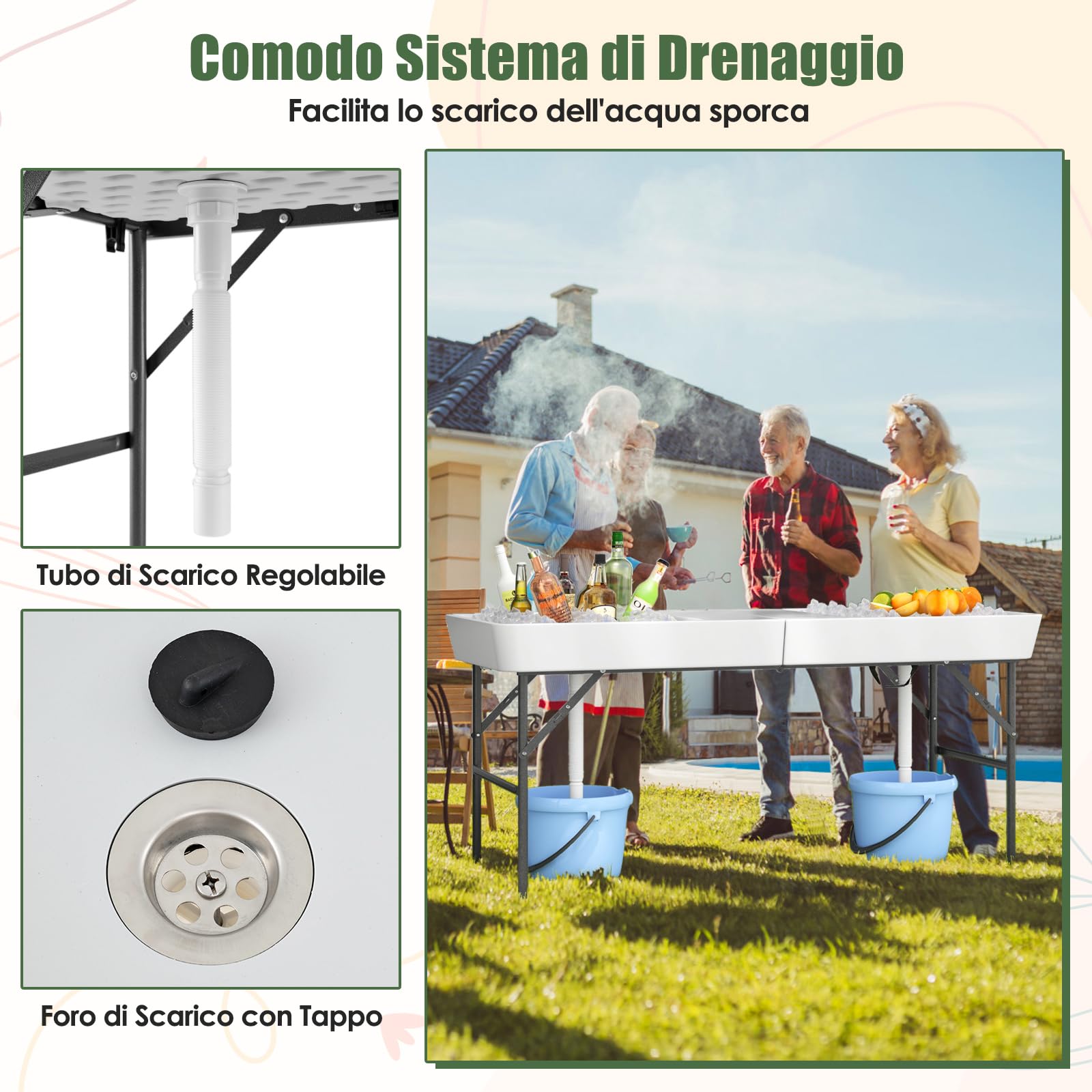 RELAX4LIFE Tavolo Refrigerante Pieghevole 150 CM per Bevande e Alimenti Freddi, con 2 Lavelli, Gonna Rimovibile, Tubo di Scarico Regolabile, Piano in HDPE, Tavolo del Ghiaccio Per Giardino, Campeggio