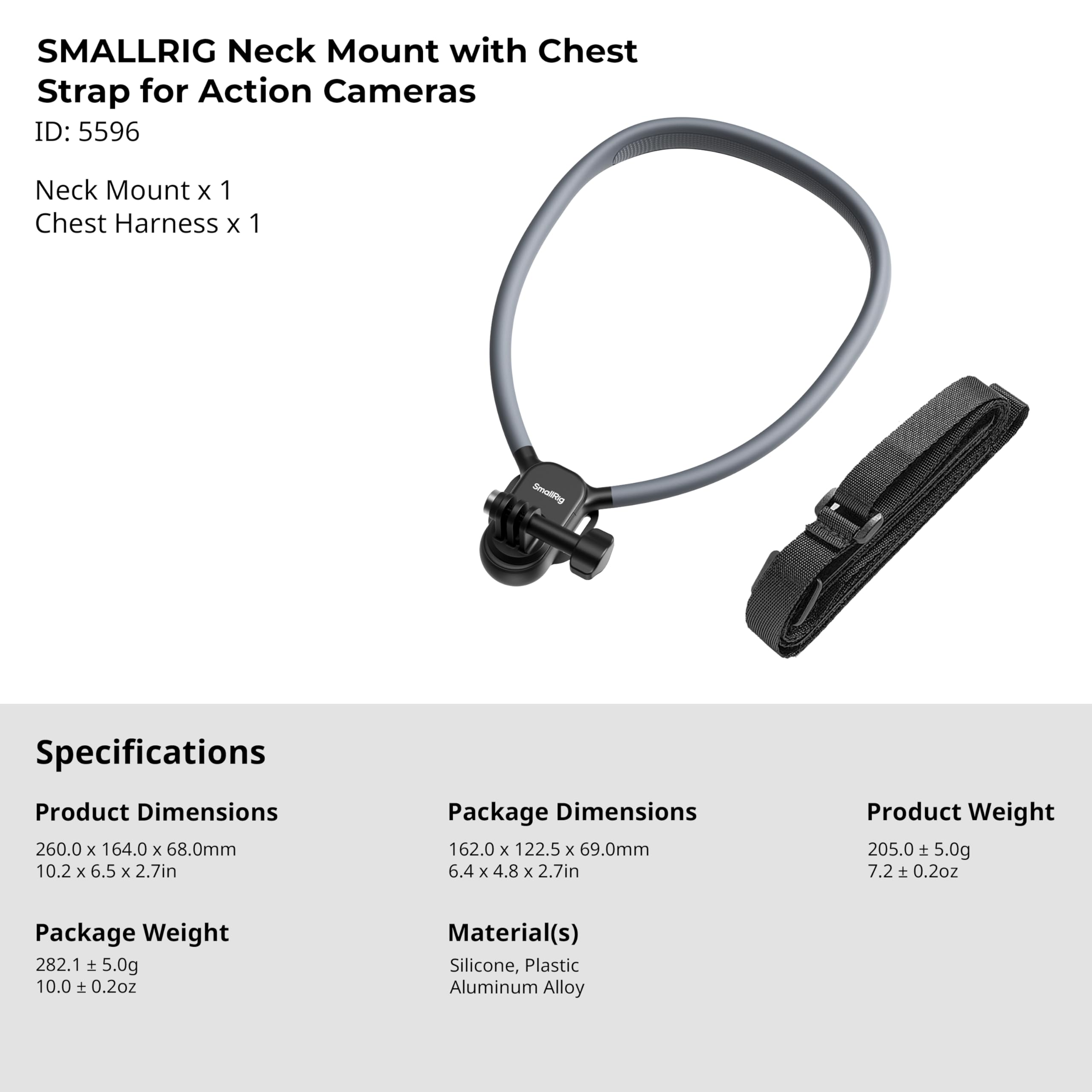 SMALLRIG Support de Cou avec Sangle de Poitrine pour caméras d'action, avec Interface à 2 Broches pour GoPro Hero 13/12/11/10/9, pour DJI Osmo Action 5 Pro/4/3, pour Insta360 Ace Pro 2-5596
