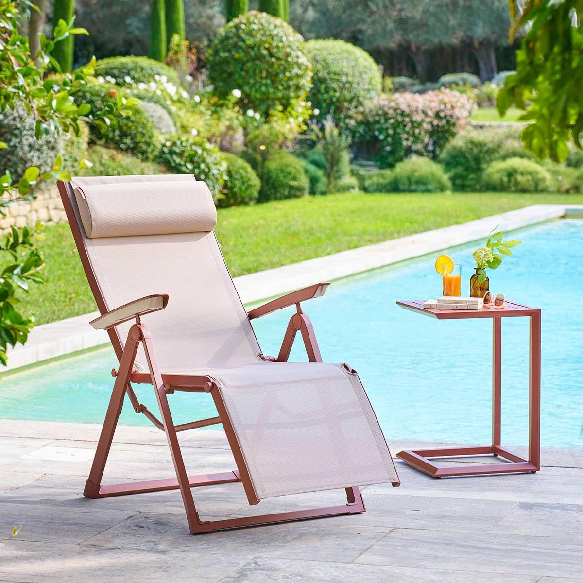 Hespéride - Silla reclinable de jardín Decima - Lino/Caoba - Aluminio - Mobiliario de Exterior para terraza, balcón y Patio.