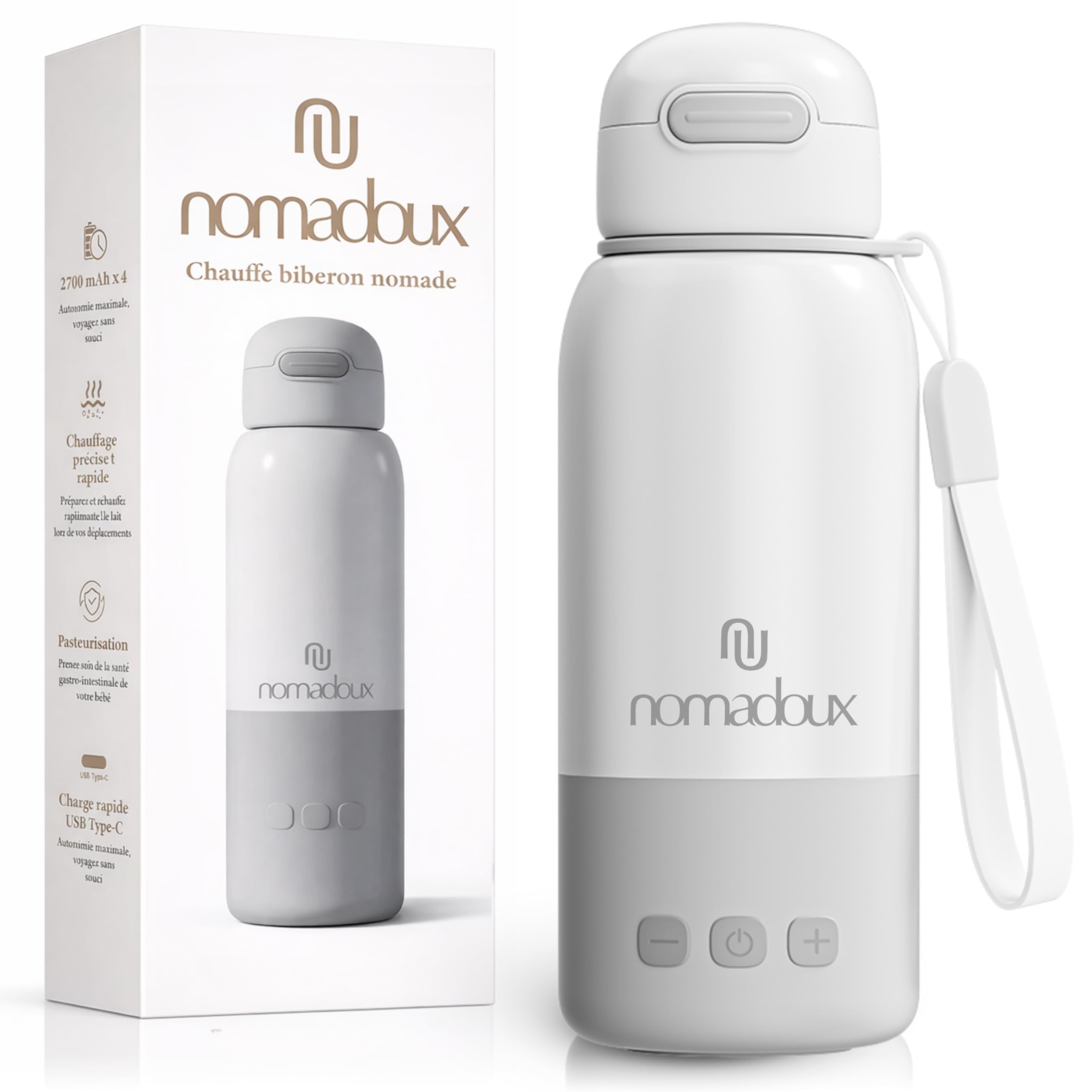 Chauffe-Biberon Nomade 450 ml - Chauffage Rapide 100W | Température réglable 37-55°C | Maintien au chaud 15h | Recharge USB-C | Eau et lait maternel | Chauffe biberon portable de voyage
