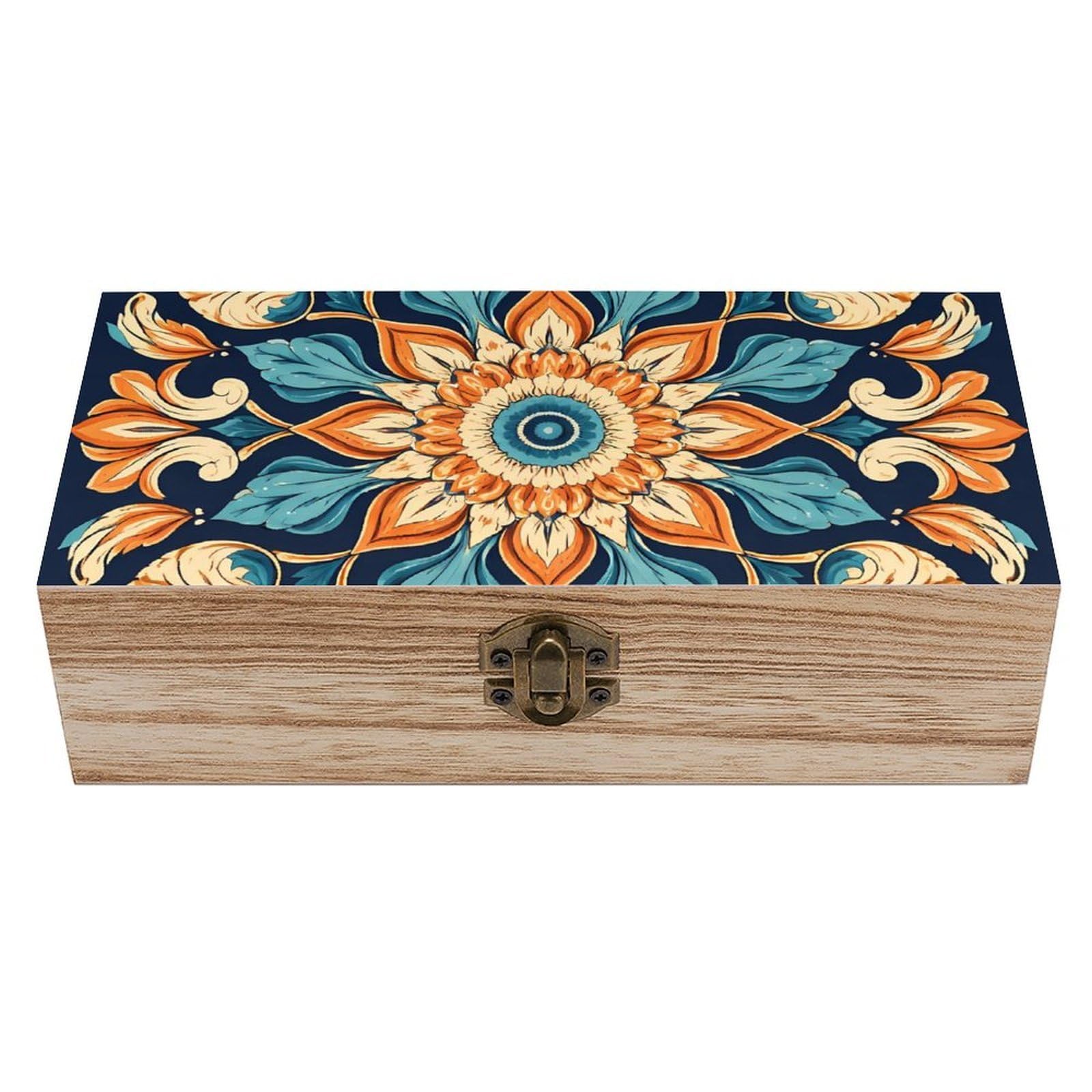 SMAZDFXX Vintage Mandala Flowers Wooden Storage Box With Hinged Lid Decorative Front Clasp Keepsake Boxes